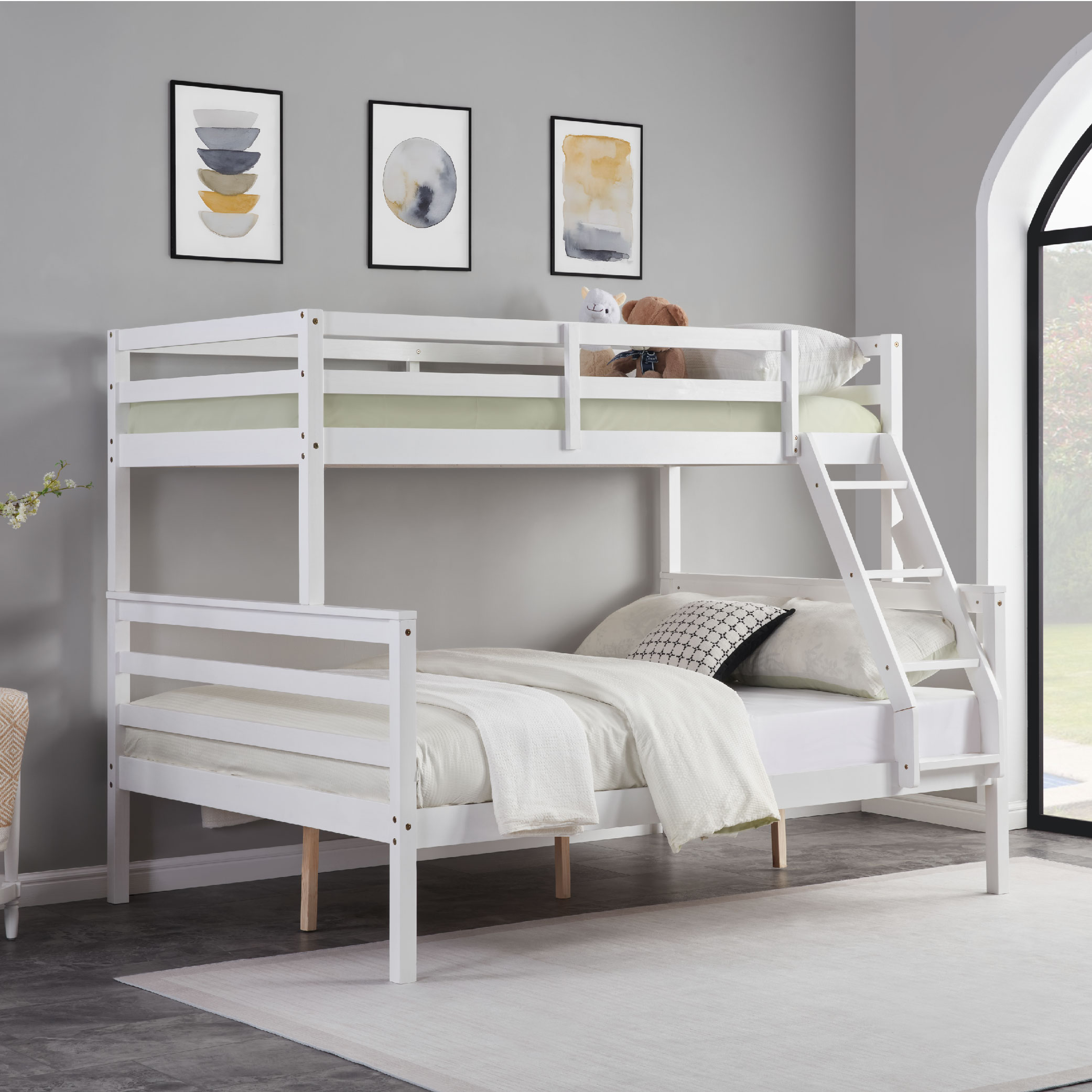 Twin over Full Bunk Bed with Ladder,Wooden Bunk Bed with High Guardrail and Ladder for Kids, Teens, Dorm Rooms, and Guest Rooms,No Box Spring Needed,White