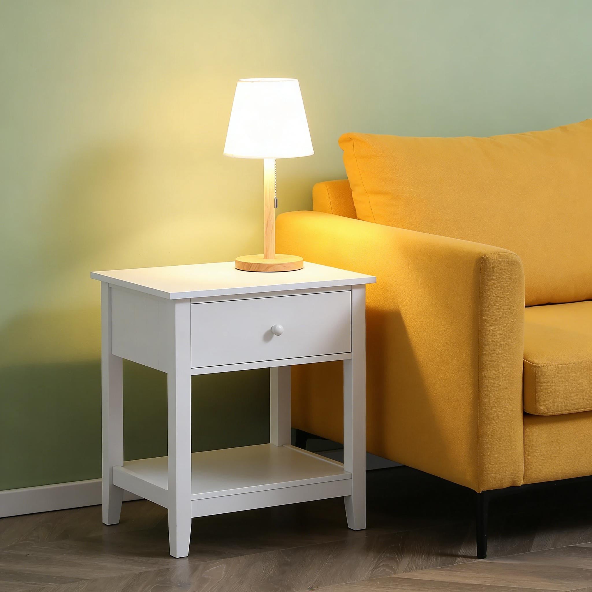 White End Table, 2-tier Side Table with Drawer and Storage Shelf