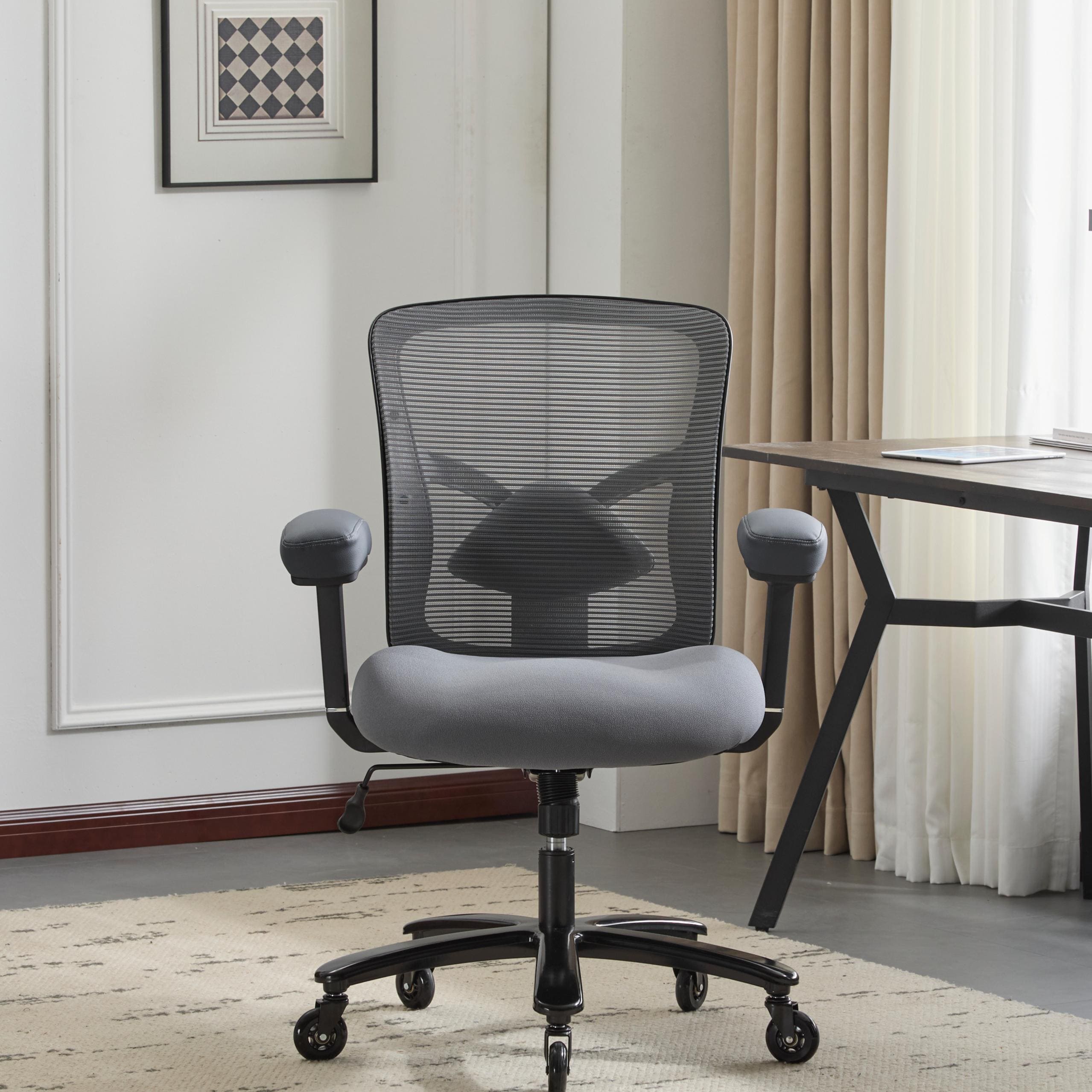 500 LBS Big and Tall Mesh Office Chair, Ergonomic Wide Seat Desk Chair with 4D Armrests, Adjustable Lumbar Support, Metal Base Silent Casters.Grey.