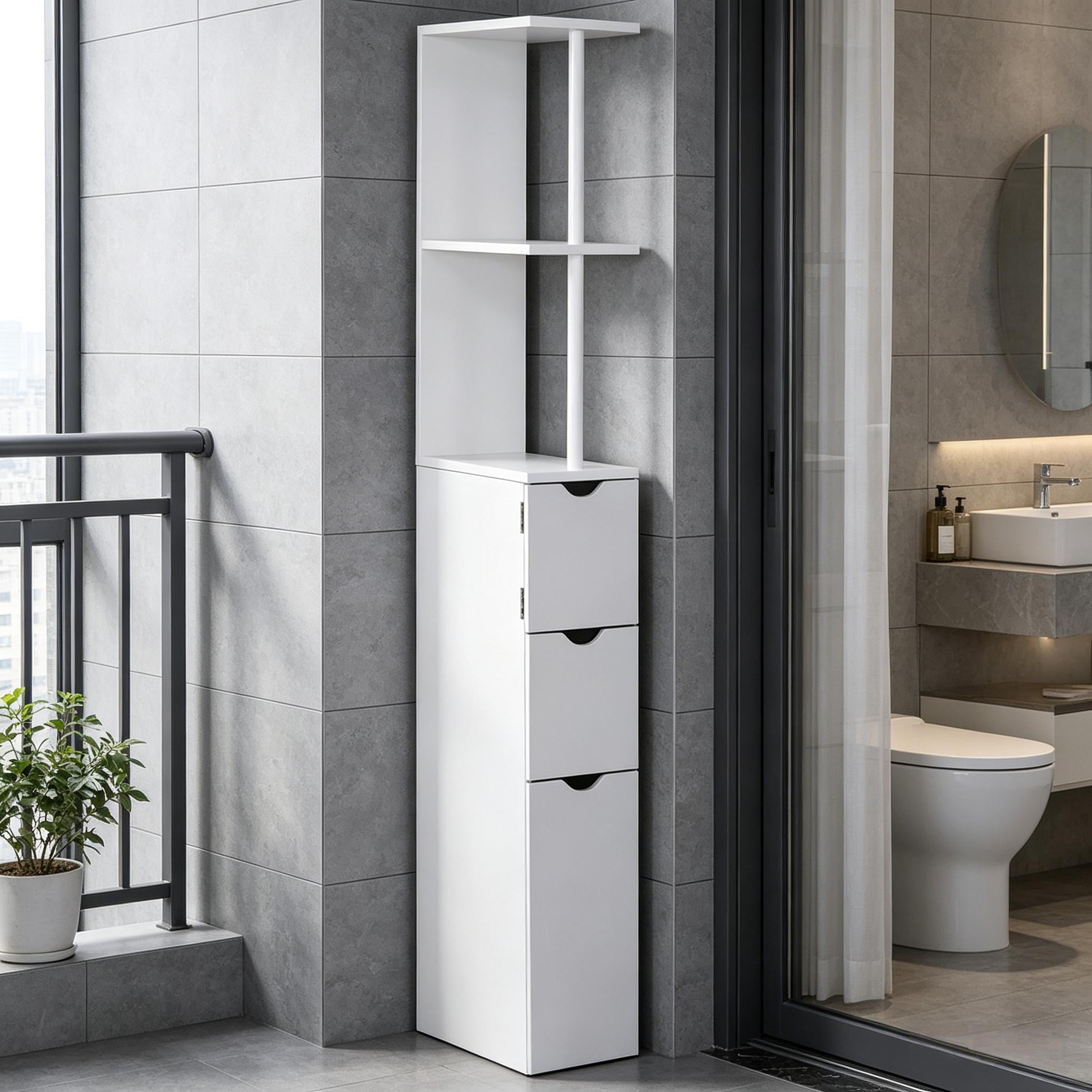 Narrow Side Floor Organizer Freestanding Linen Tower with 2-Tier Shelf and Drawers Bathroom Storage Cabinet