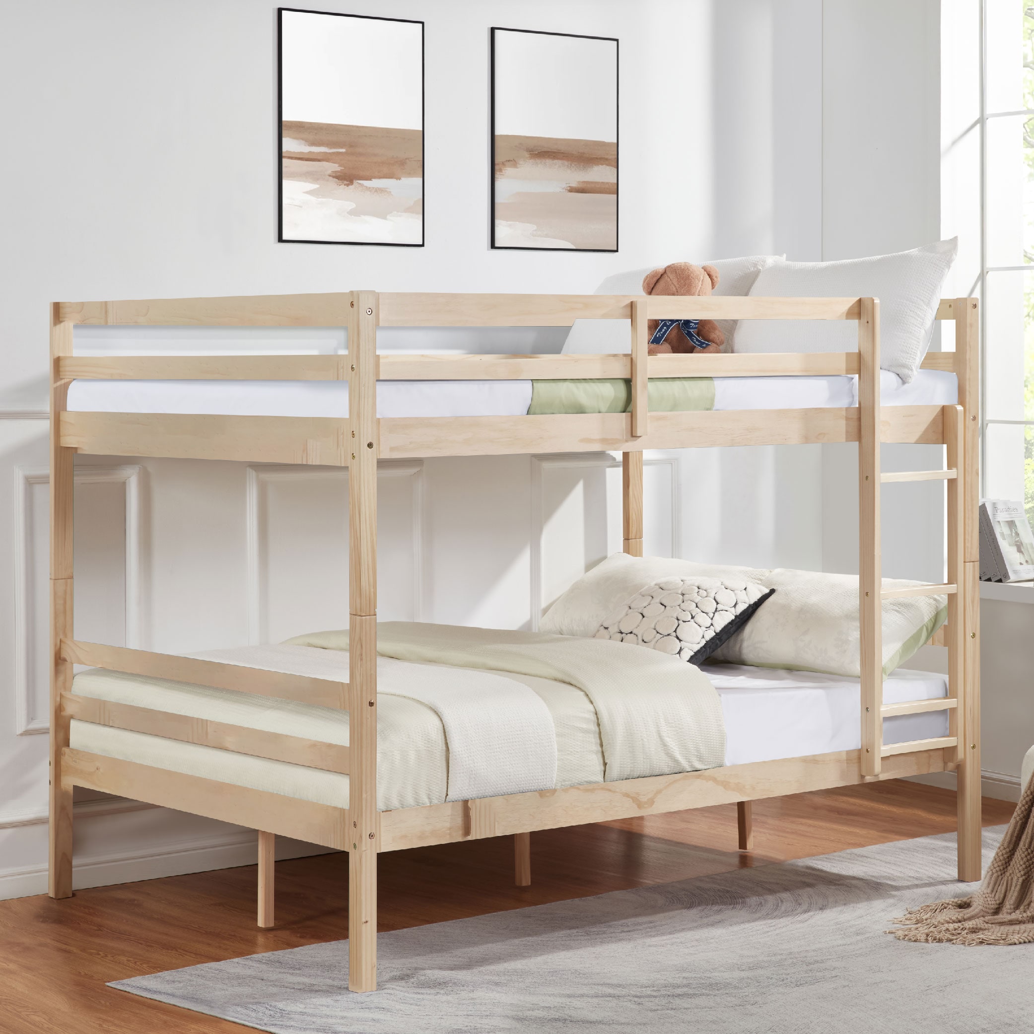 Full over Full Bunk Bed with Ladder,Wooden Bunk Bed with High Guardrail and Ladder for Kids, Teens, Dorm Rooms, and Guest Rooms,No Box Spring Needed,Natural