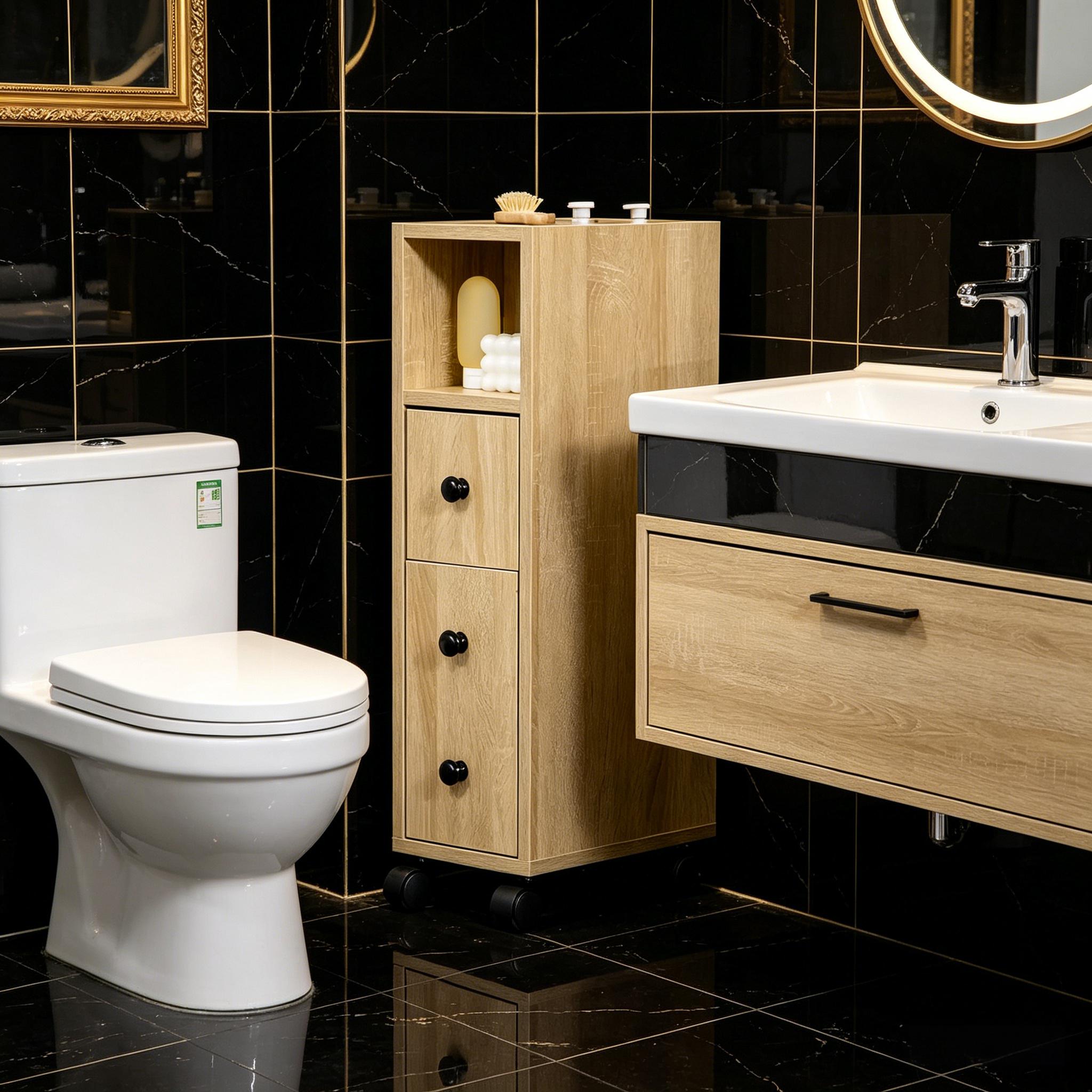 Freestanding Compact Design Bathroom Cabinet with 2 Open Cabinets, 1 Door Cabinet, 1 Drawer and 4 Rolling Wheels