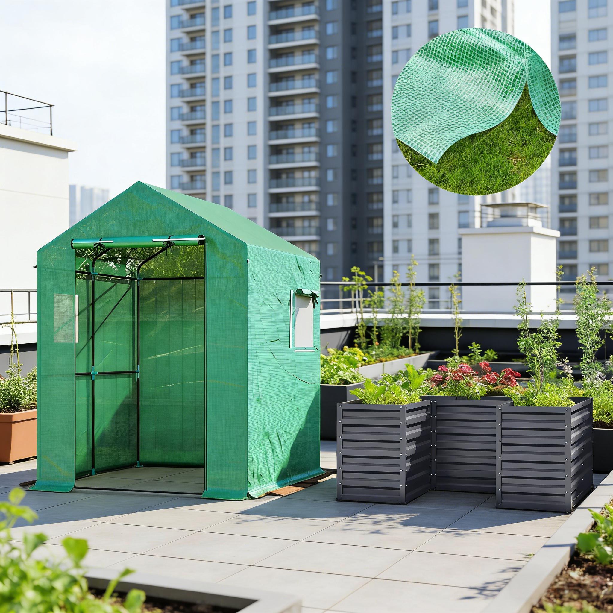 Dark Gray Greenhouse with Raised Garden Bed