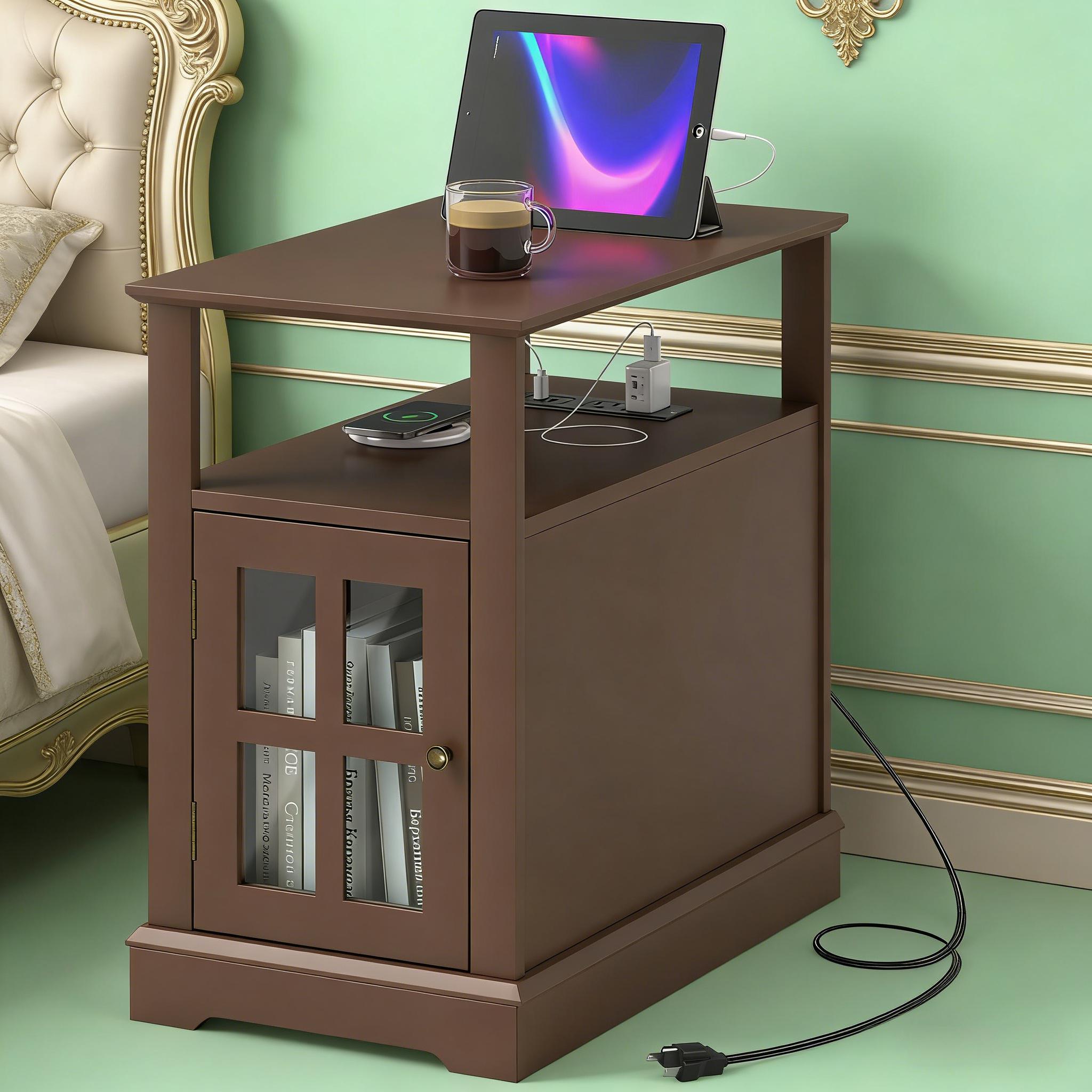 Narrow Side Table End Table with Charging Station, USB Ports, Modern End Table