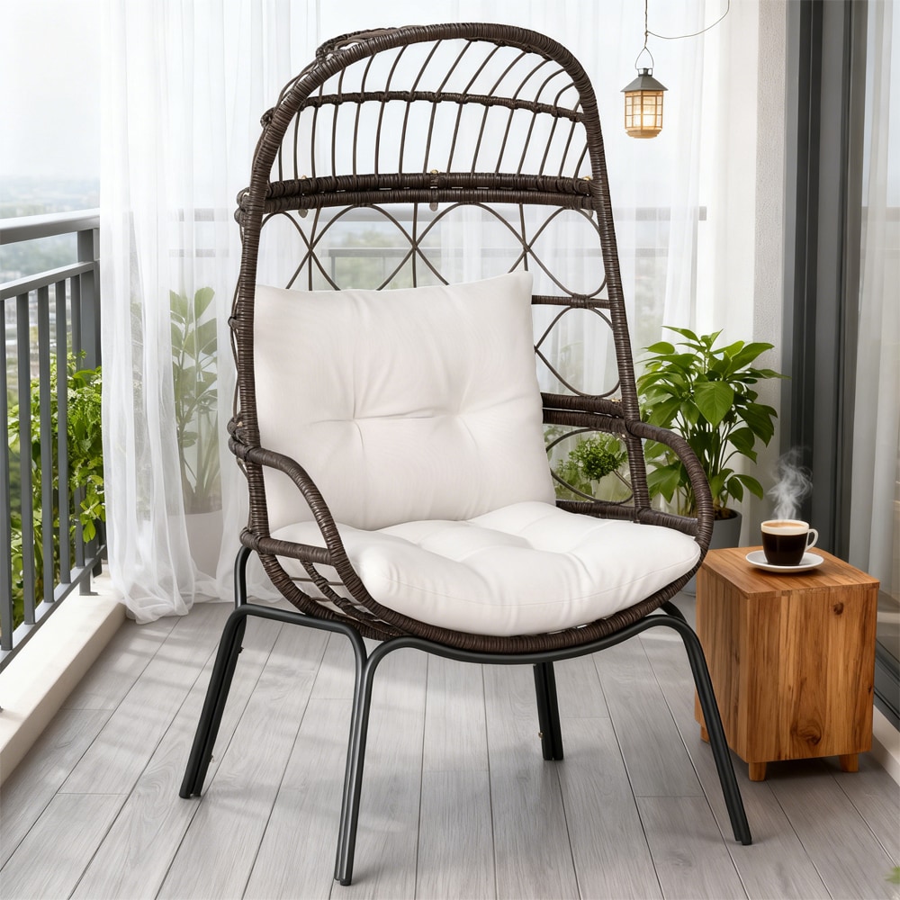 Patio Wicker Egg Chair Outdoor Rattan Lounge Basket with Seat and Back Cushions Support Up To 400 Lbs for Backyard, Poolside, Indoor Places and So On