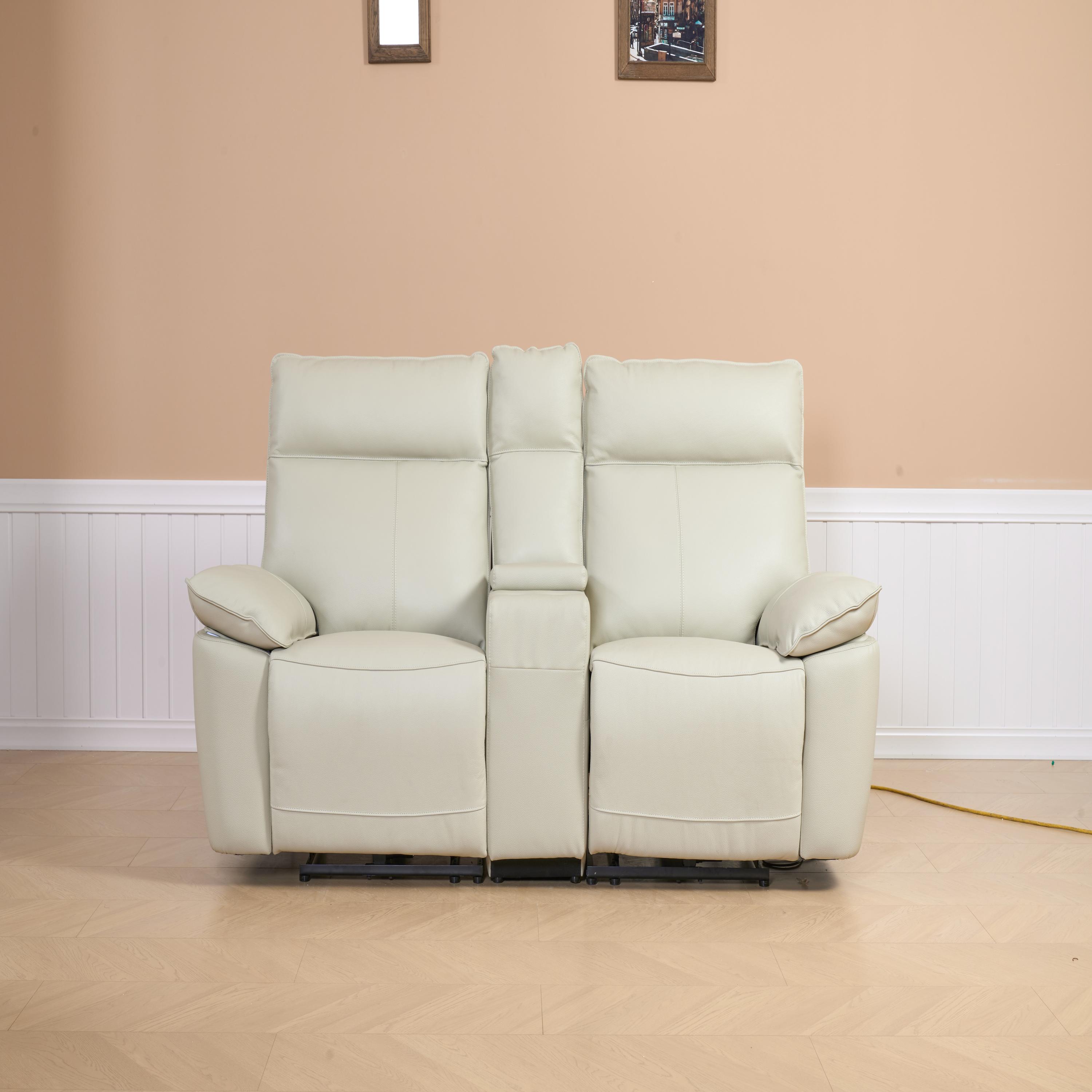 Beige Recliner Sofa with USB Ports, Side Pockets for Living Room Bedroom-Leather