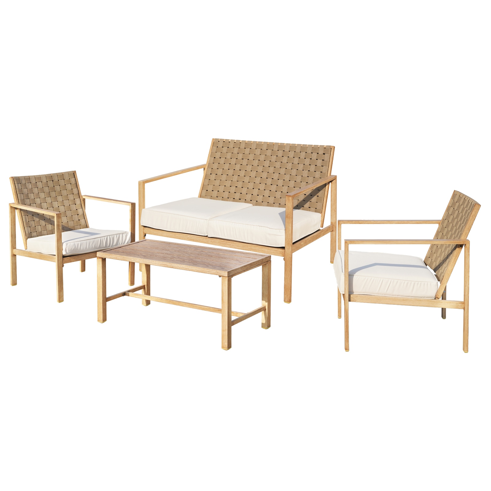 4 Pieces Metal Patio Furniture Set, Hand-Made Drawstring Outdoor Patio Conversation Sets Outside loveseat with Soft Cushion for Garden, Backyard, Porch, Poolside