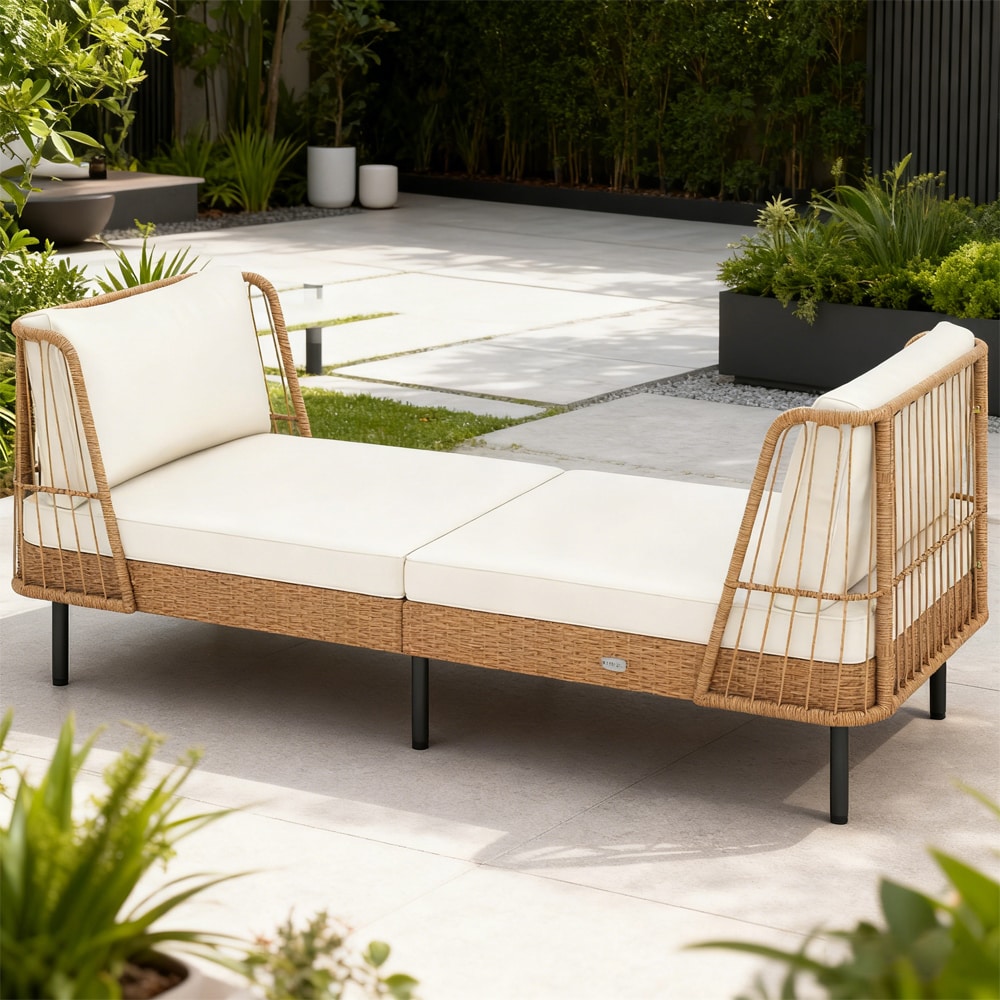 Patio Wicker Daybed Outdoor Boho Rattan Loveseat Sofa with 6 Sturdy Metal Legs Adjustable Foot Pads Seat and Back Cushions