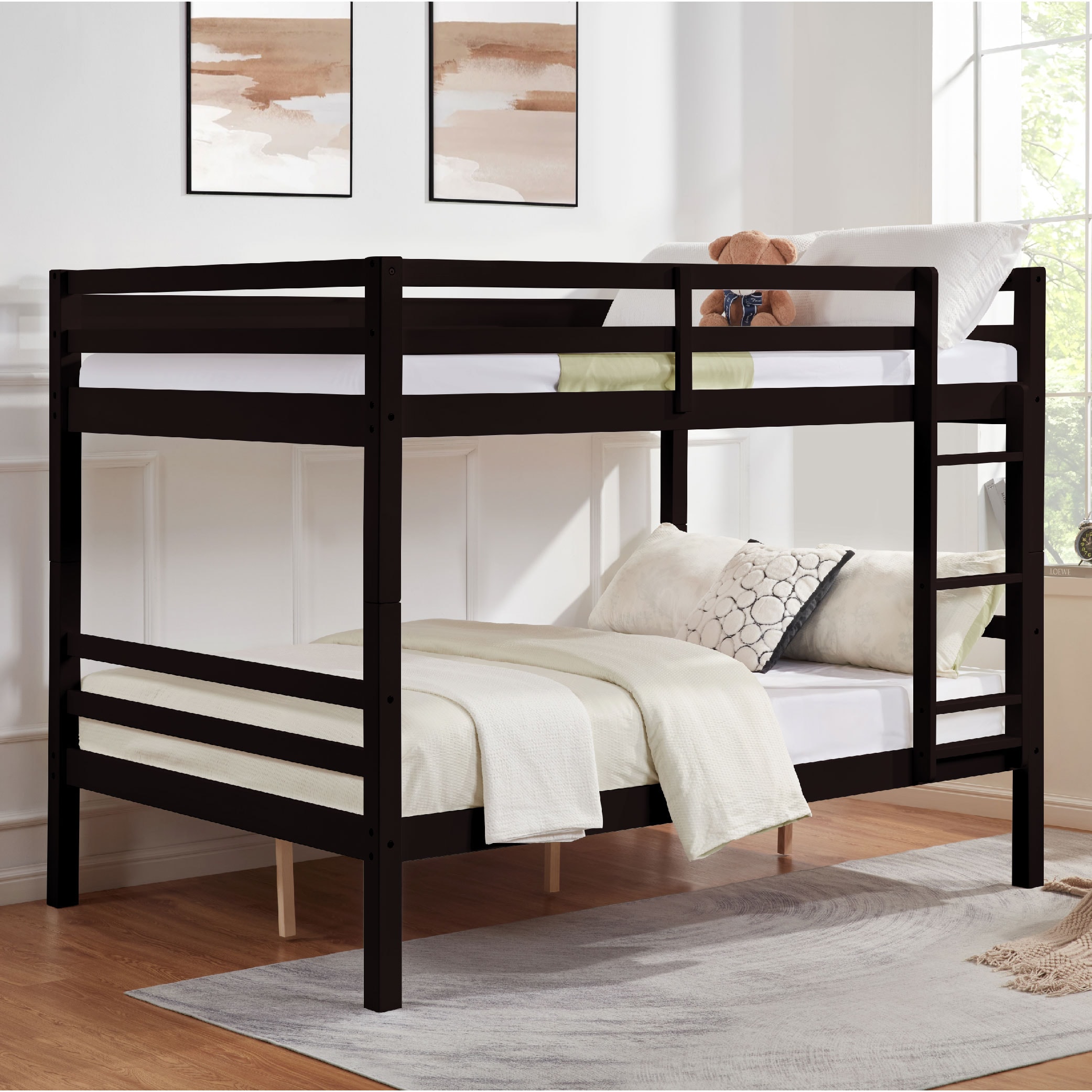 Full over Full Bunk Bed with Thick Posts,Wooden Bunk Bed with High Guardrail and Ladder for Kids, Teens, Dorm Rooms, and Guest Rooms,No Box Spring Needed, Espresso