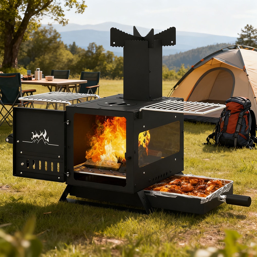 Portable Wood Burning Stove Mini Heater Burner with Pot Rack Oven Pan
