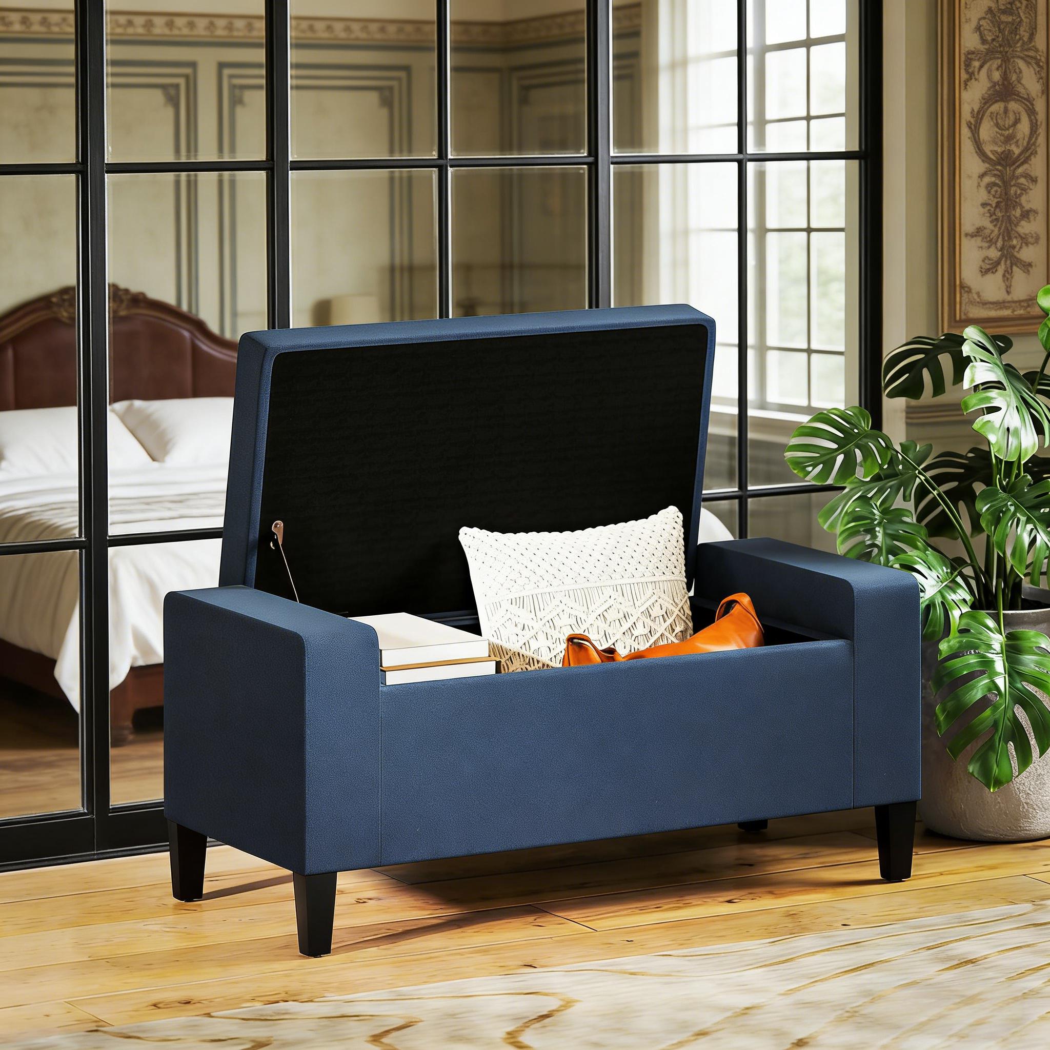 Ottoman Bench with Lift Top and Rubberwood Legs Upholstered Entryway Bench with Storage