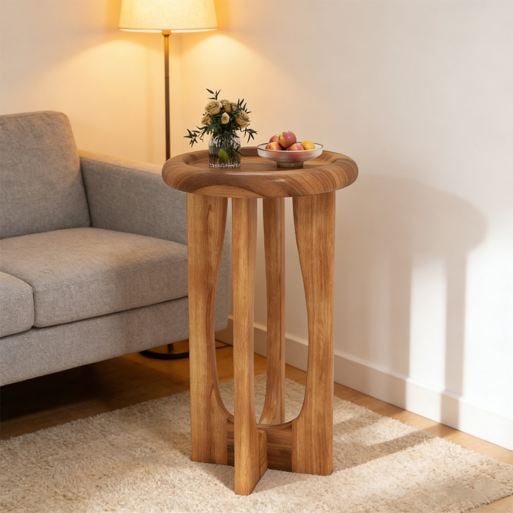 14 Inch Farmhouse End Table with Round Tray Top and Wood Cross Legs Solid Mahogany Wood