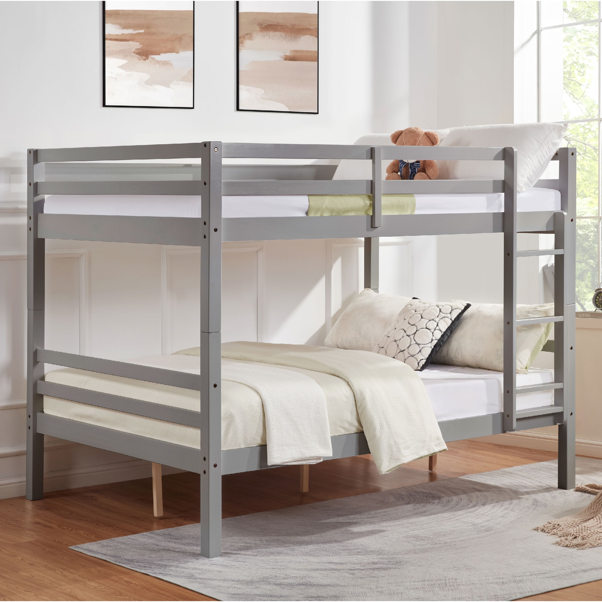 Full over Full Bunk Bed with Thick Posts,Wooden Bunk Bed with High Guardrail and Ladder for Kids, Teens, Dorm Rooms, and Guest Rooms,No Box Spring Needed, Grey