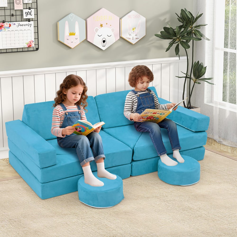 14 PCS Modular Kids Play Couch for Playroom and Bedroom Suede fabric covers Zipper head covers protect