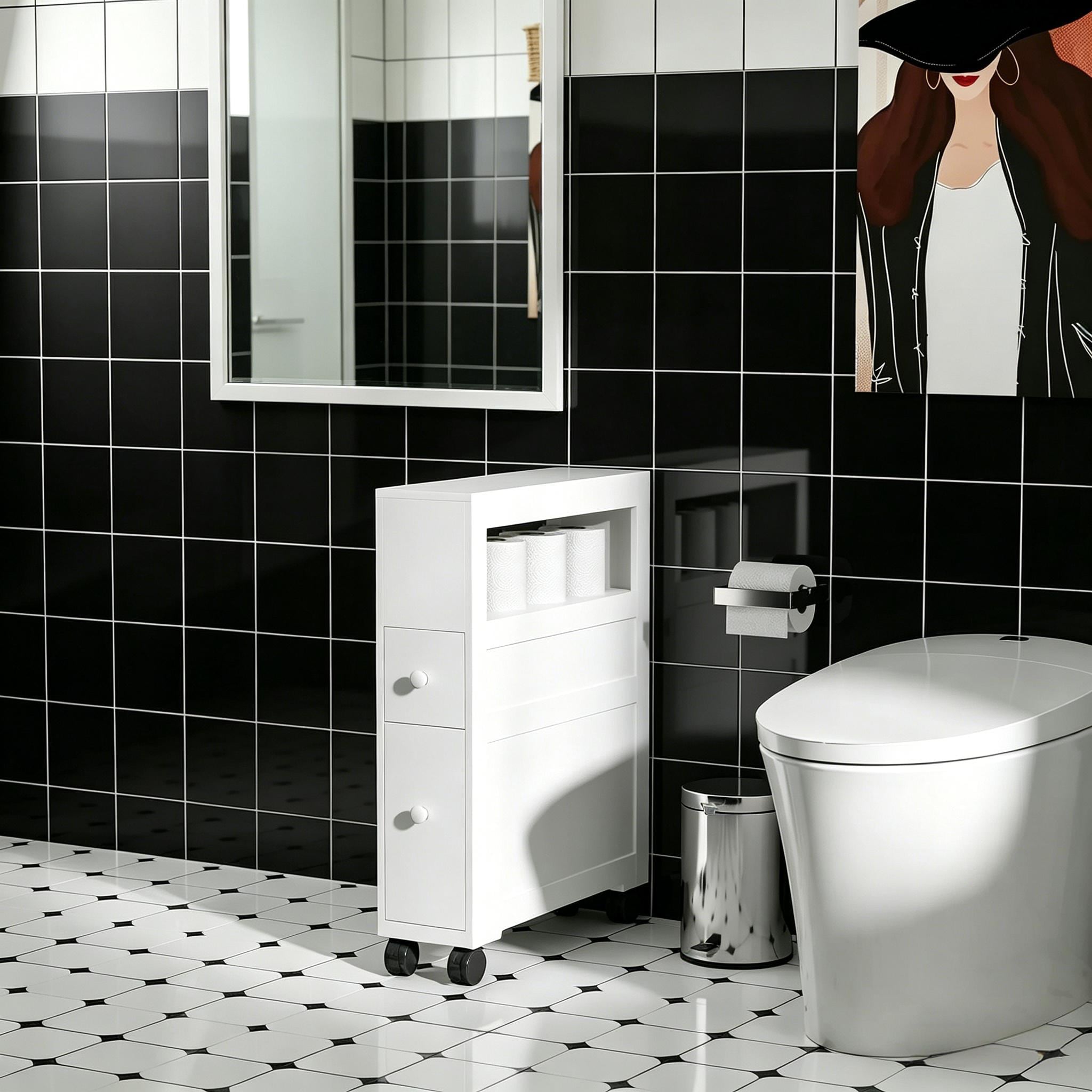 Wood Rolling Narrow Bathroom Side Storage Cabinet