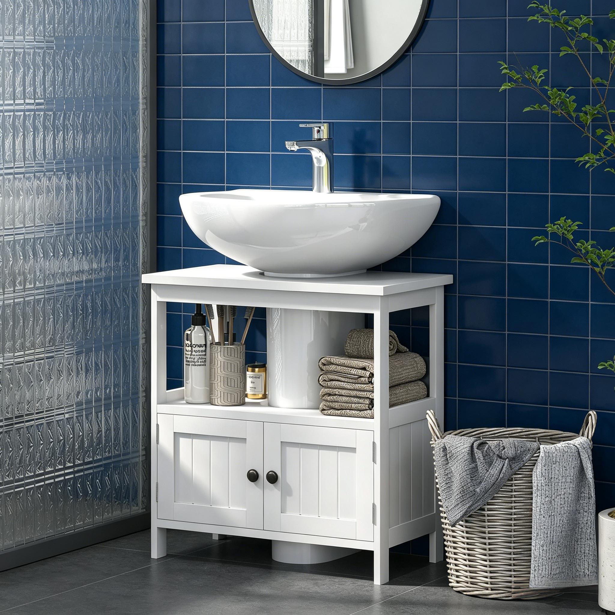 Pedestal Sink Storage Cabinet, Bathroom Under Sink Cabinet with 2 Doors and Open Shelf