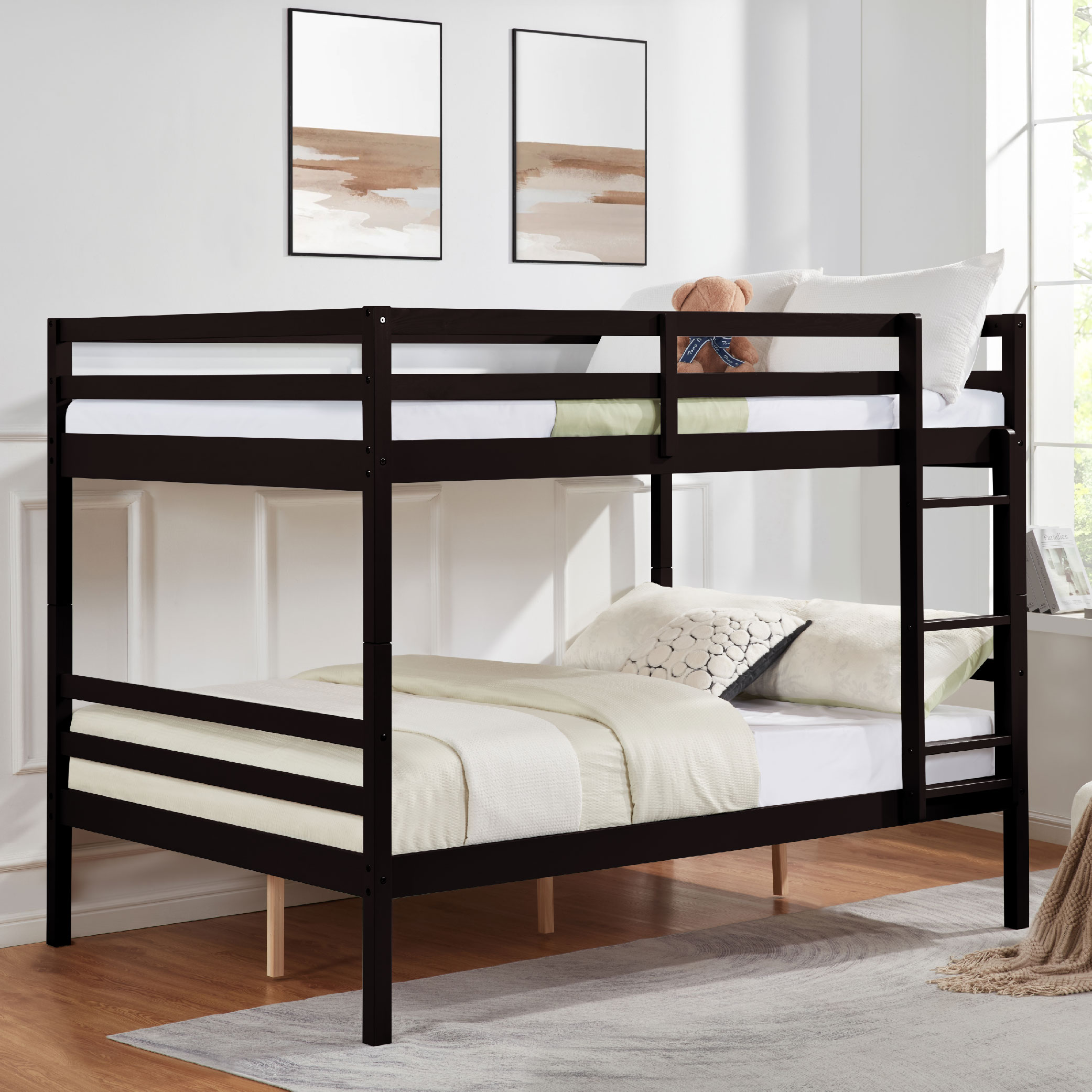 Full over Full Bunk Bed with Ladder,Wooden Bunk Bed with High Guardrail and Ladder for Kids, Teens, Dorm Rooms, and Guest Rooms,No Box Spring Needed,Espresso