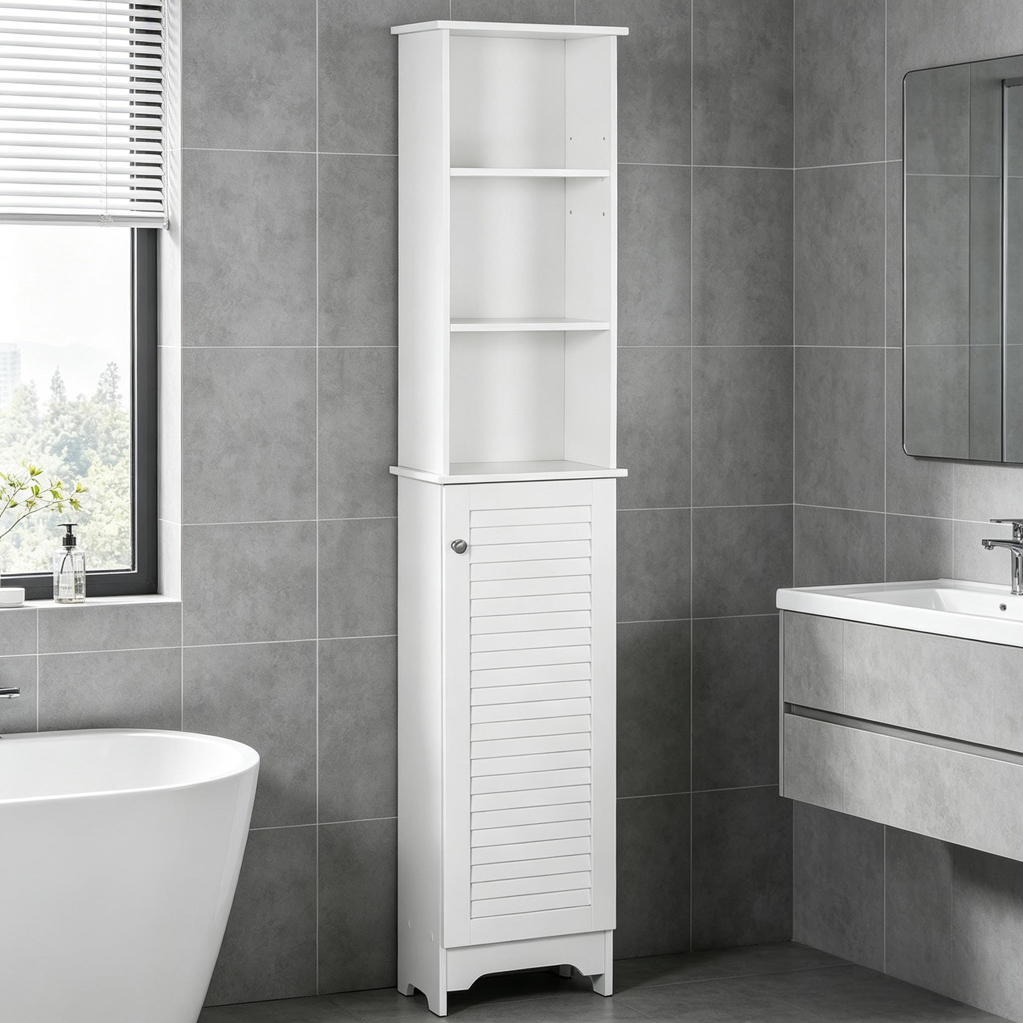 Narrow Side Floor Organizer Freestanding Linen Tower with 3-Tier Open Adjustable Shelf