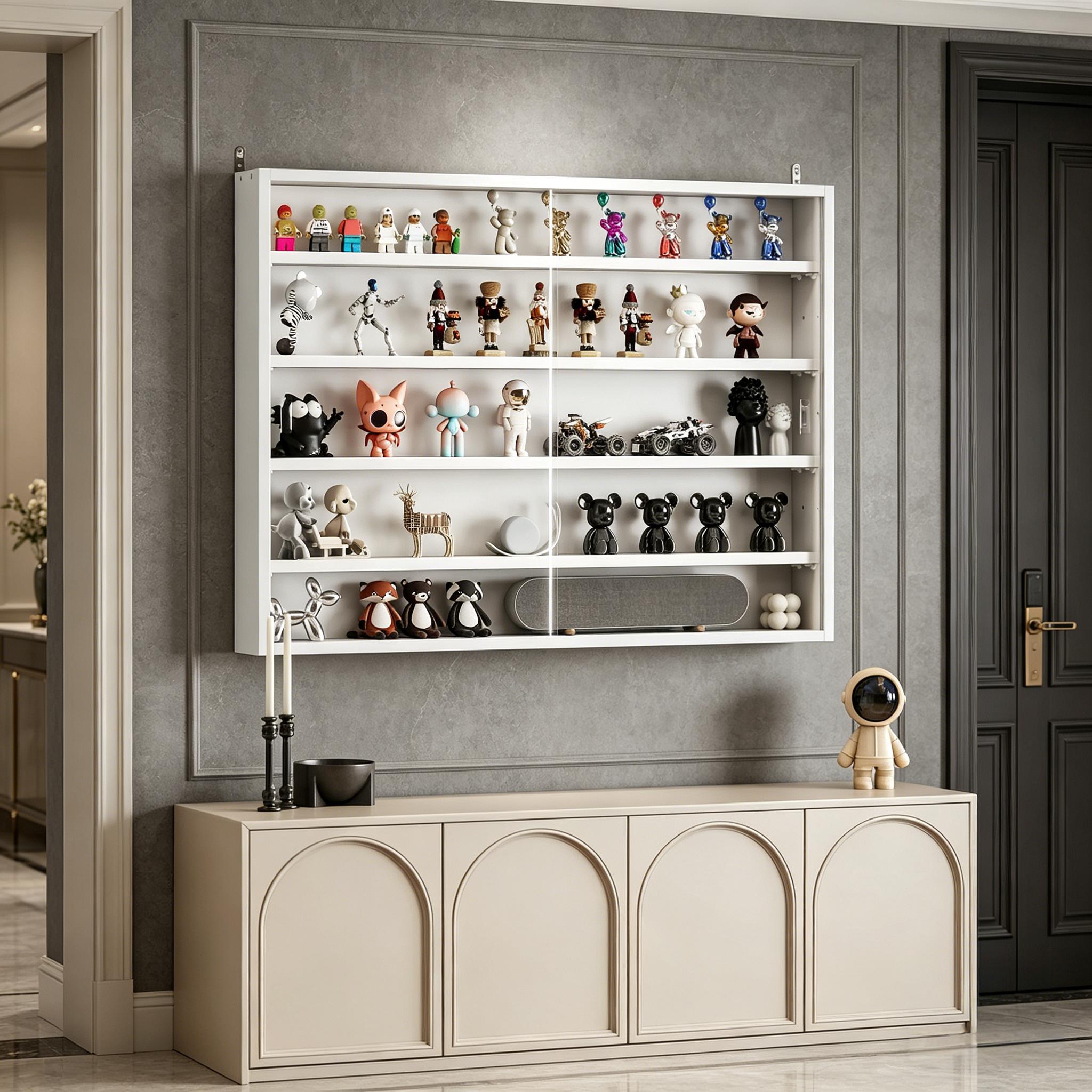 White 5-Tier Display Cabinet, Wall-Mounted Display Case with 2 Glass Doors and Adjustable Shelves