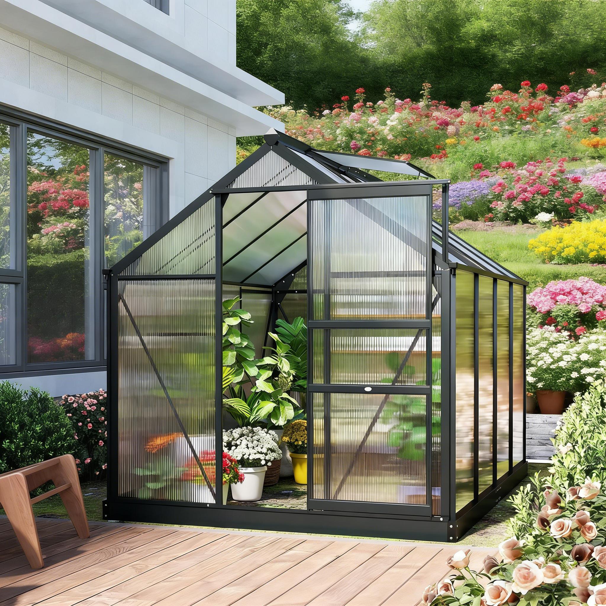 6' x 8' Greenhouse Polycarbonate Greenhouse with Rain Gutter and Roof Vent Aluminum Walk-in Greenhouses