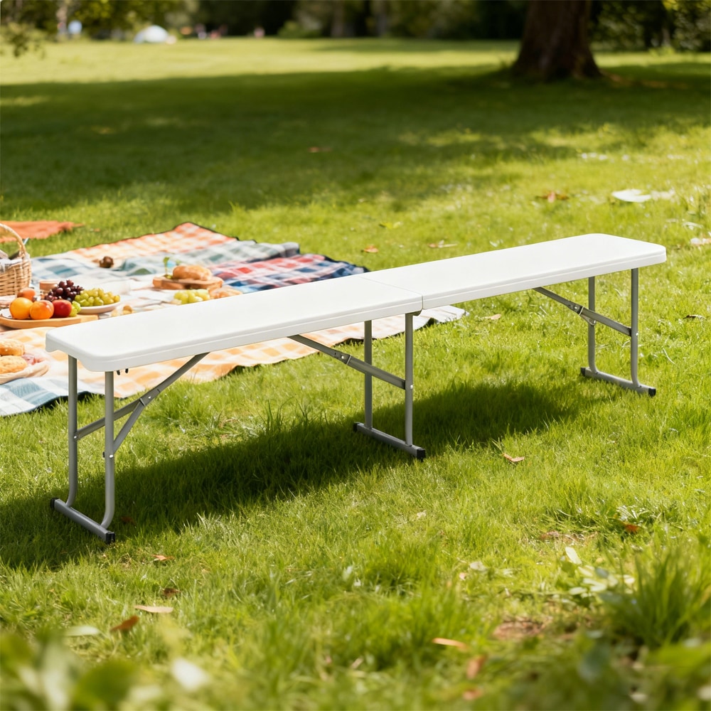 6 Feet Plastic Folding Bench Picnic Camping Dining Seat with Carrying Handle Accommodate 3 People & Non-slip Foot Pad Convenient Carrying Handle