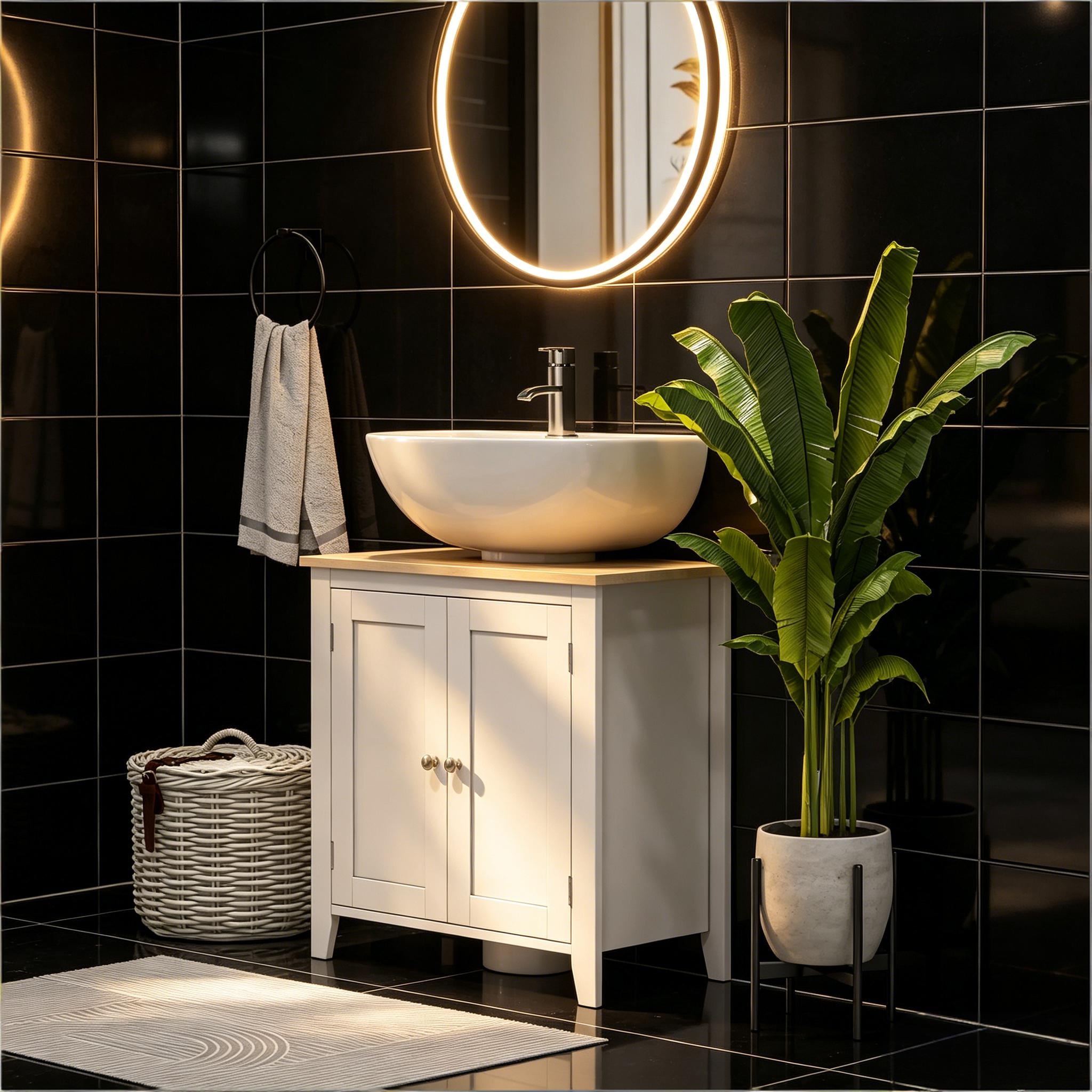 White Under Sink Cabinet with U-Shape and Adjustable Internal Shelf