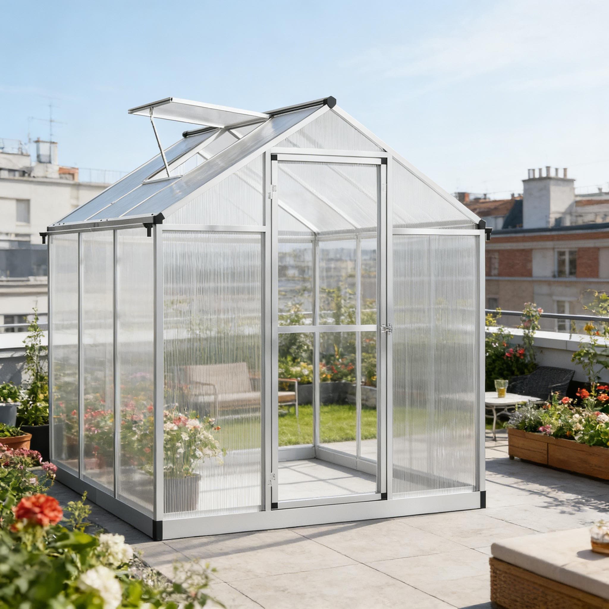 Winter Walk-In Polycarbonate Greenhouse with Roof Vent 6' L x 6' W