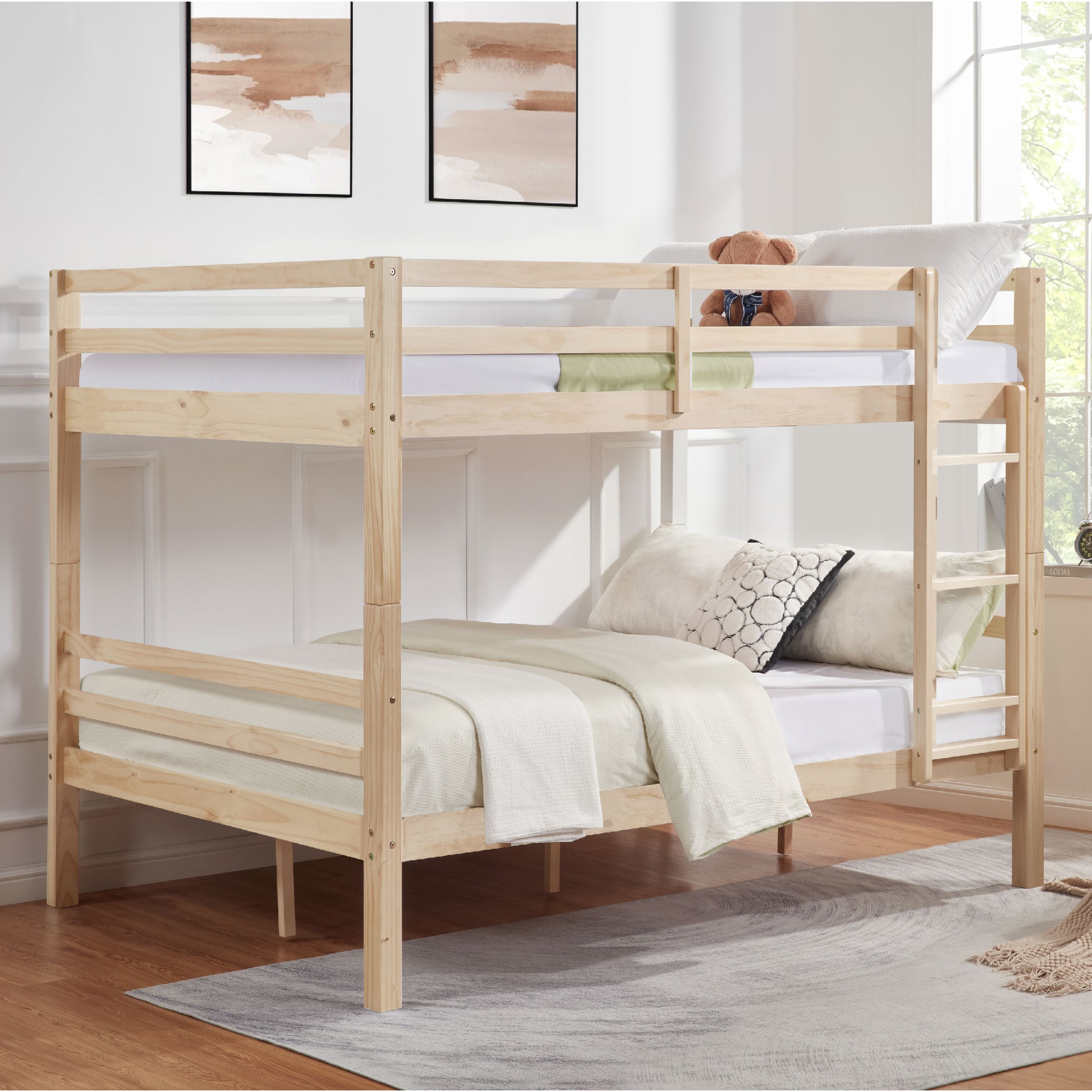 Full over Full Bunk Bed with Thick Posts,Wooden Bunk Bed with High Guardrail and Ladder for Kids, Teens, Dorm Rooms, and Guest Rooms,No Box Spring Needed, Natural