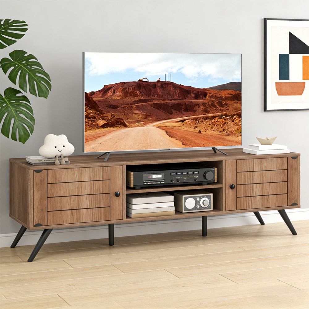 2-Door TV Stand for TVs Up To 65 Inch with Open Shelves Adjustable Foot Pads Cable Hole Is Designed
