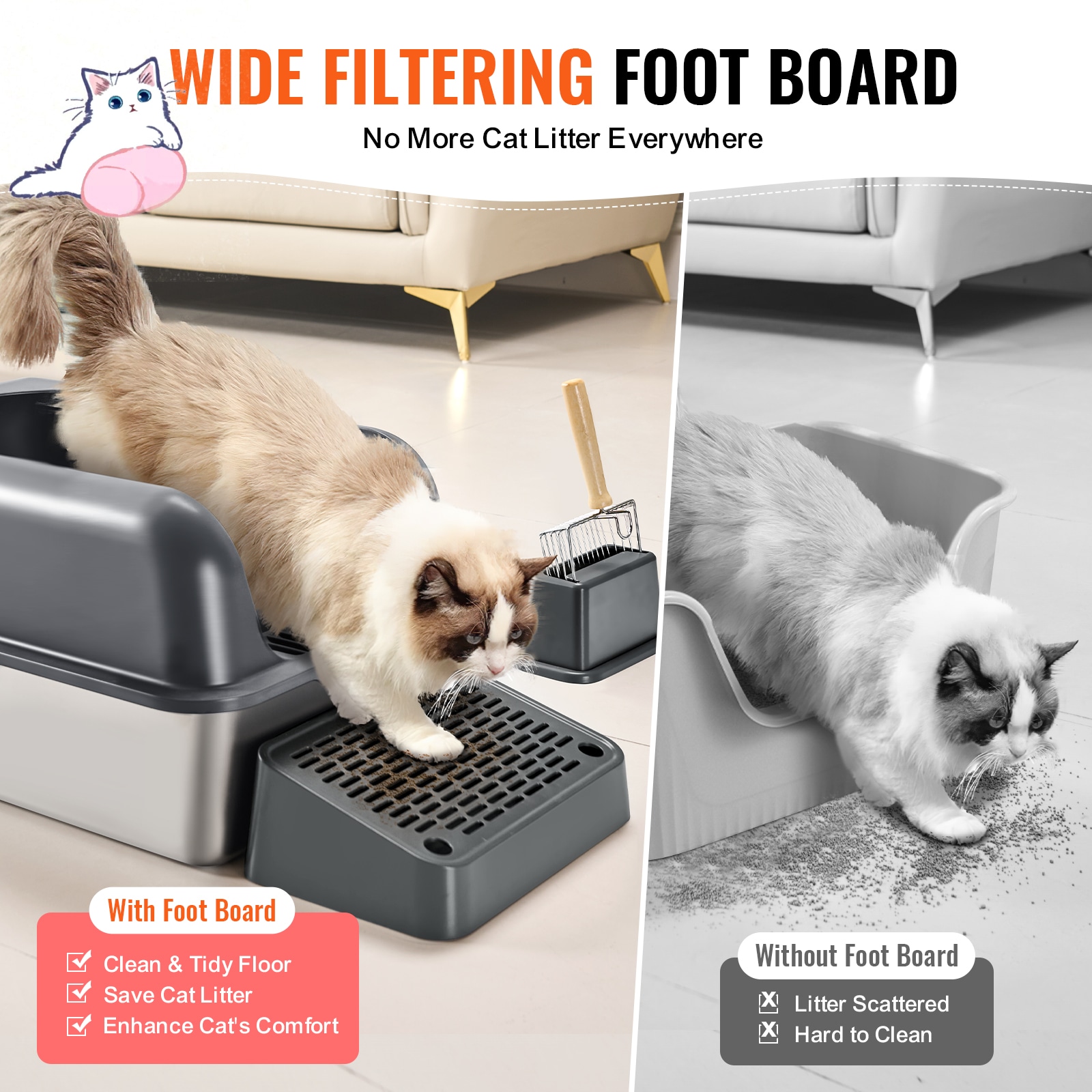 6 in Deep Cat Litter Box Odor-Free Litter Box with Filtering Foot Board