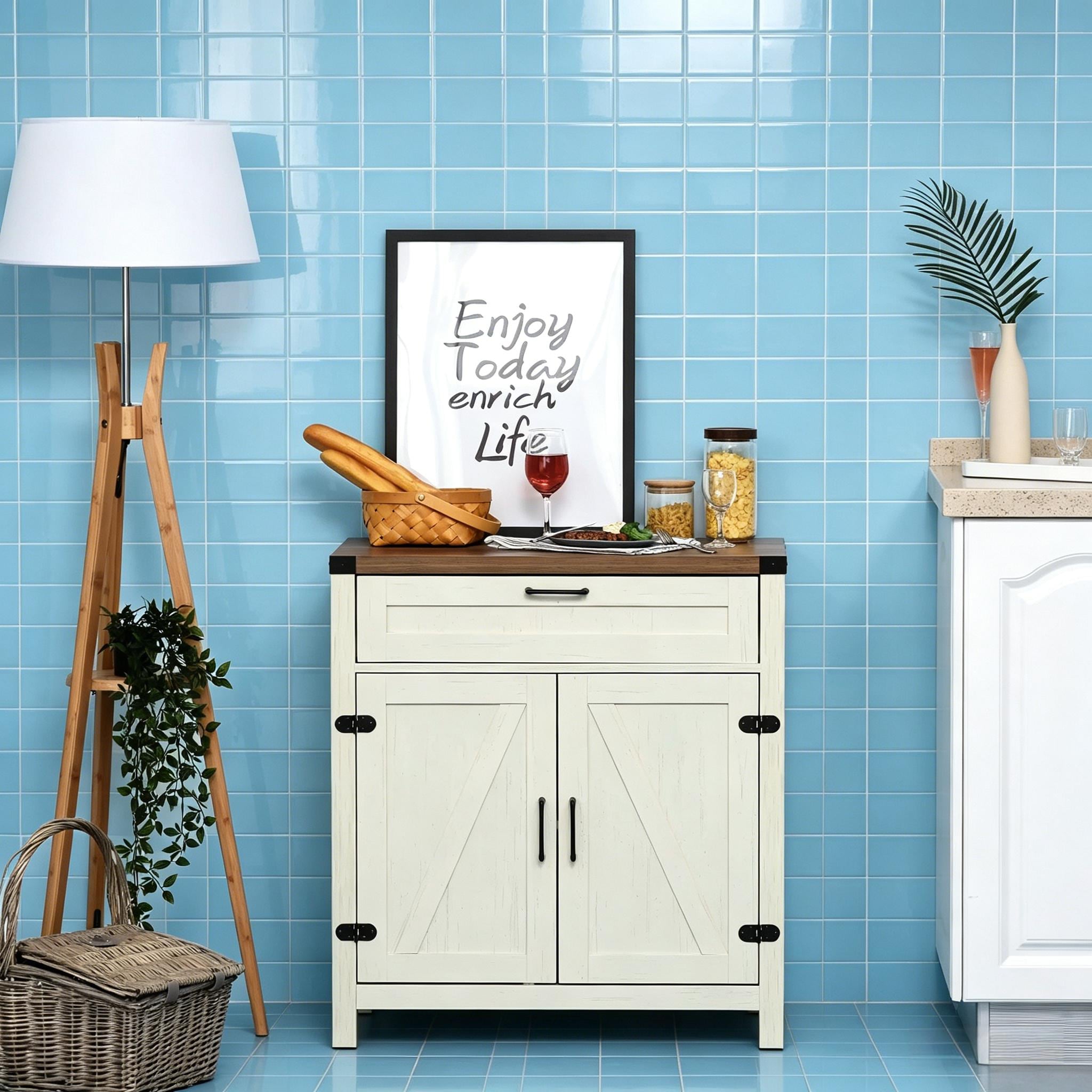 Modern Farmhouse Sideboard with Storage, Buffet Cabinet with 2 Barn Doors and Drawer