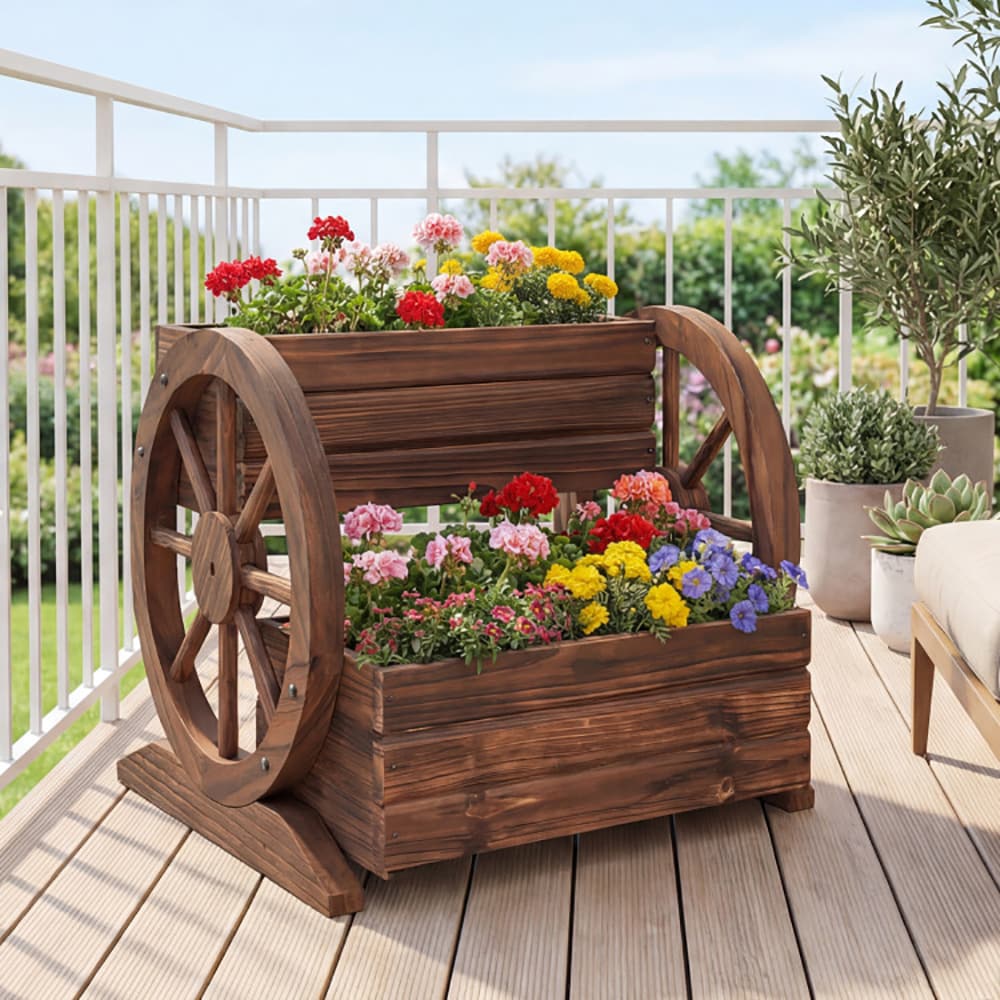 2-Tier Raised Garden Bed Rustic Fir Wood Wagon Shape with Drainage Holes and Wheels for Growing Flowers or Displaying Potted Plants