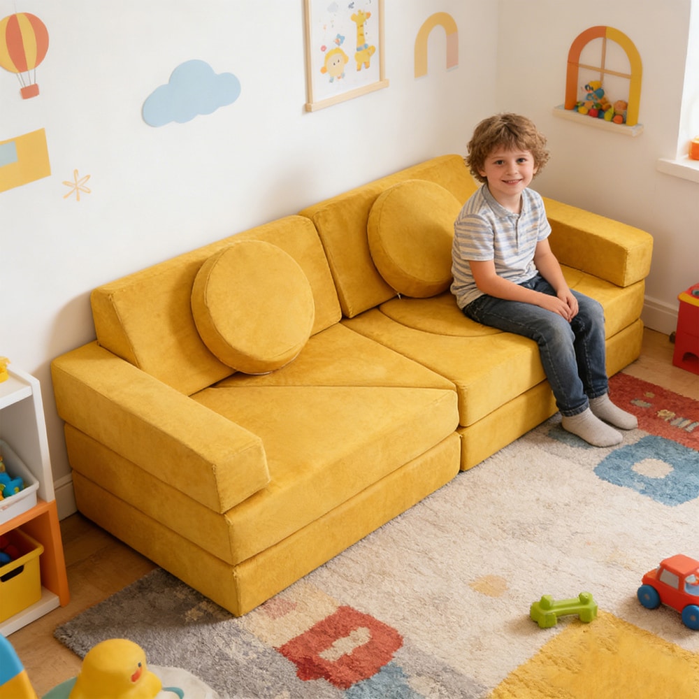 14 PCS Modular Kids Play Couch for Playroom and Bedroom Suede fabric covers Zipper head covers protect