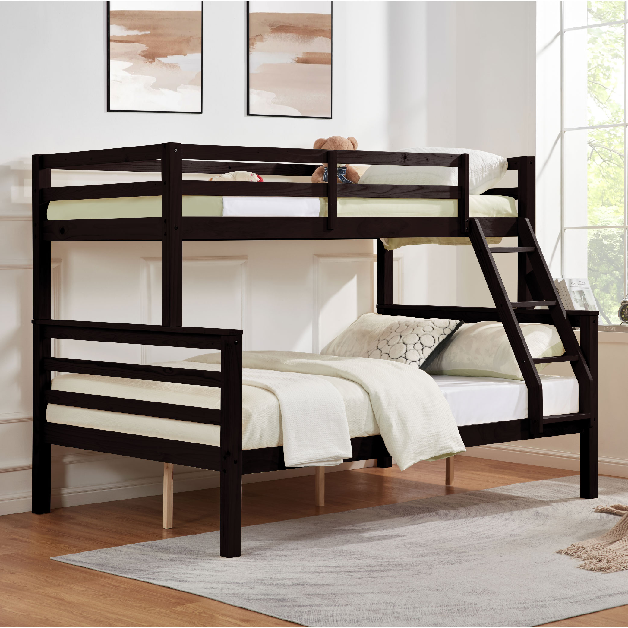Twin over Full Bunk Bed with Thick Posts,Wooden Bunk Bed with High Guardrail and Ladder for Kids, Teens, Dorm Rooms, and Guest Rooms,No Box Spring Needed,Espresso