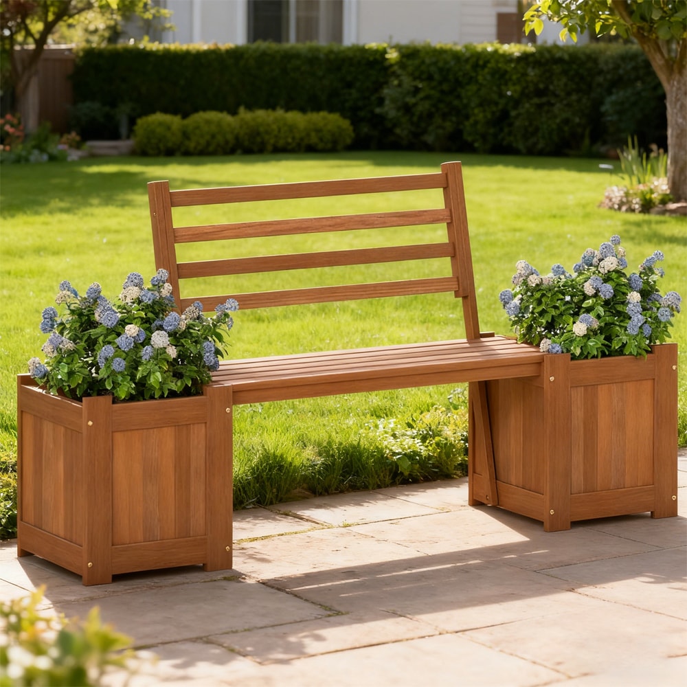 Outdoor Planter Box Wooden Bench Set with 2 Open-ended Planter Boxes and Salt Backrest Boxes with Open-ended Bases for Various Outdoor Spaces Like Balconies, Gardens