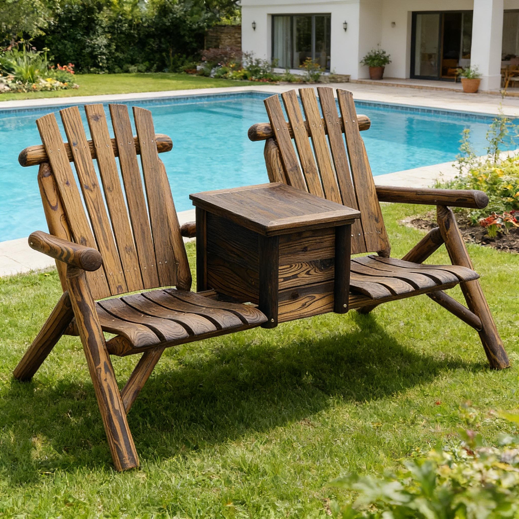 Outdoor Loveseat with High Backrest Double Wooden Adirondack Chair