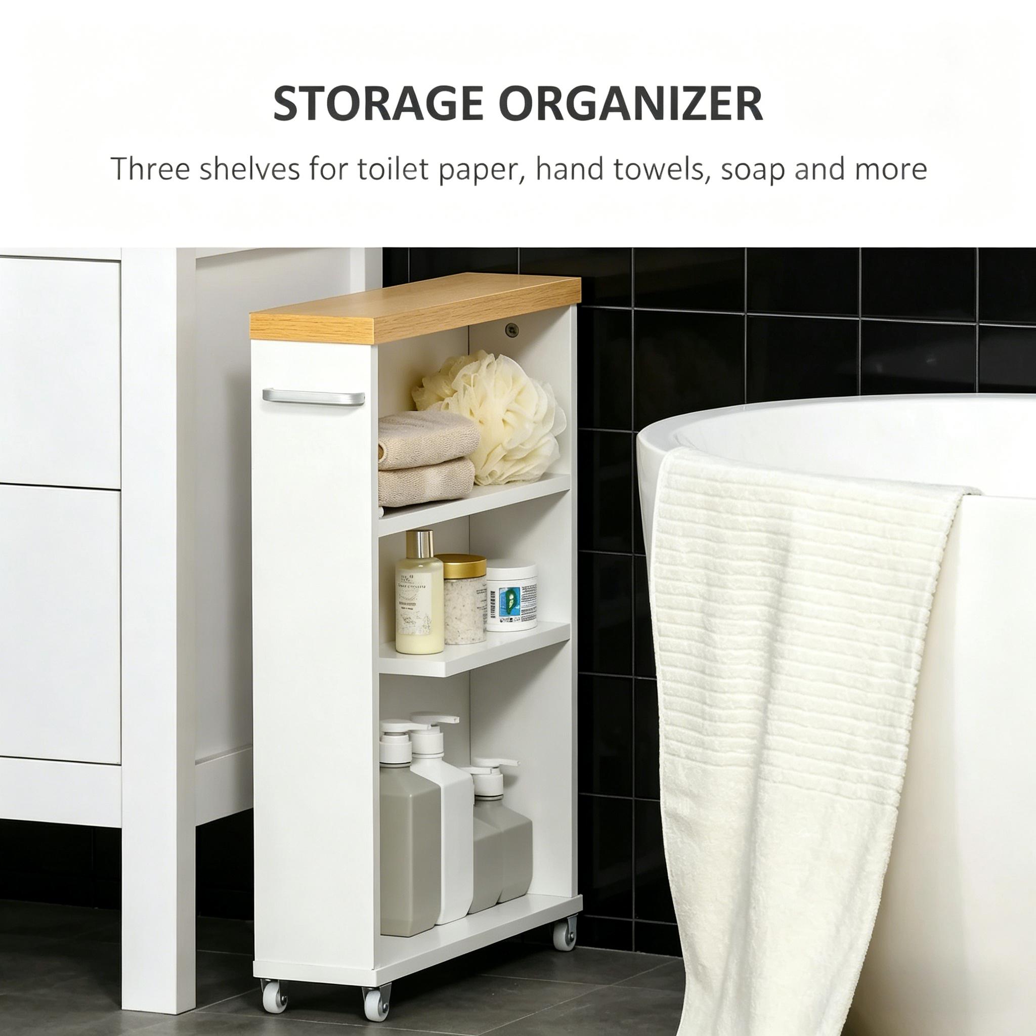White Narrow Bathroom Cabinet with Castor Wheels Storage Organizer and Wood Shelves