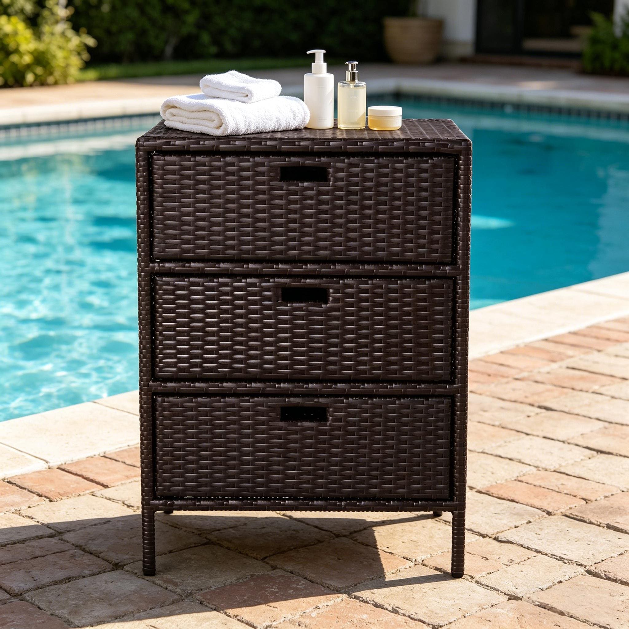 Patio PE Rattan Storage Cabinet, Wicker Pool Cabinet Organizer, Outdoor Towel RackOutdoor Towel Rack
