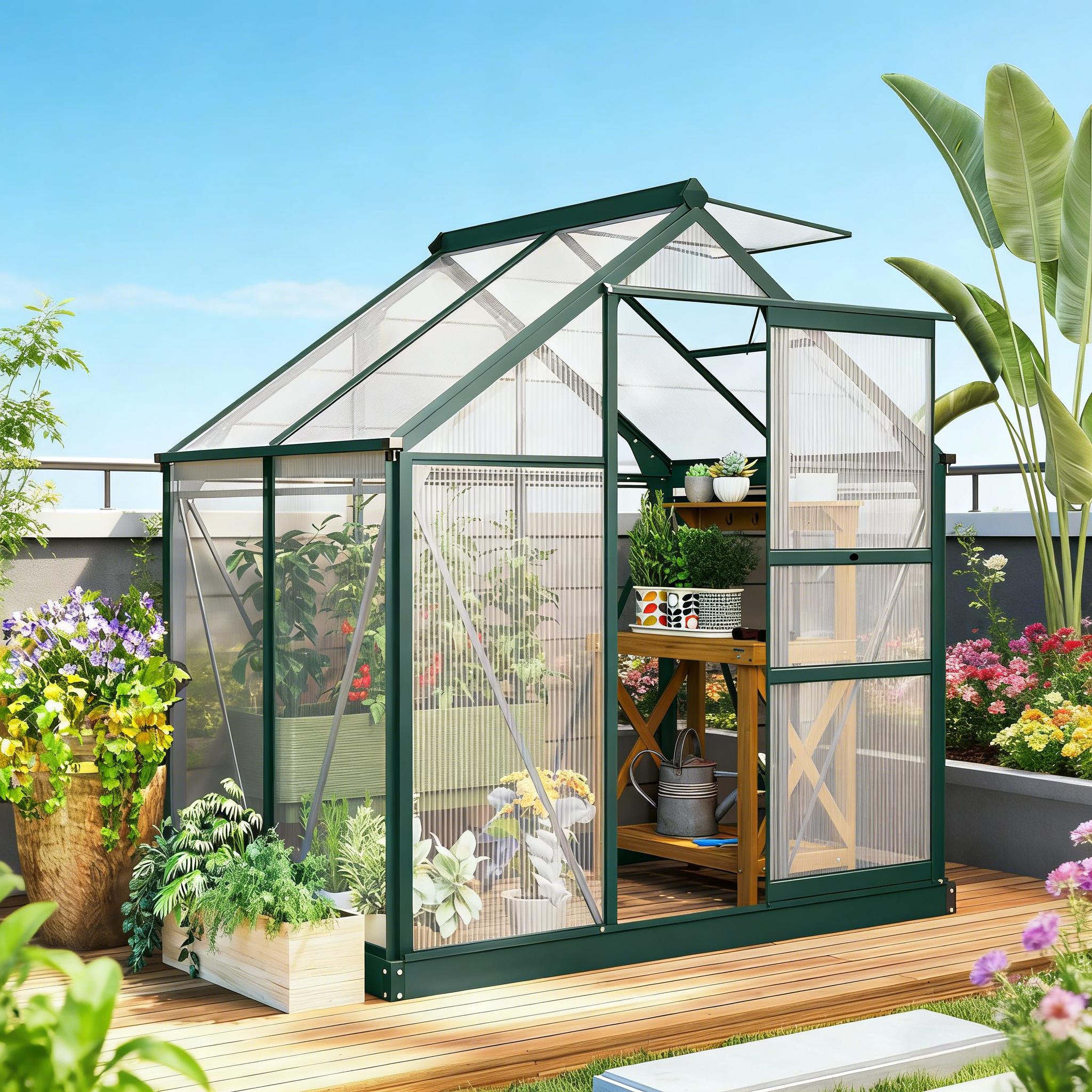 6' x 4' Greenhouse Polycarbonate Greenhouse with Rain Gutter and Roof Vent Aluminum Walk-in Greenhouses