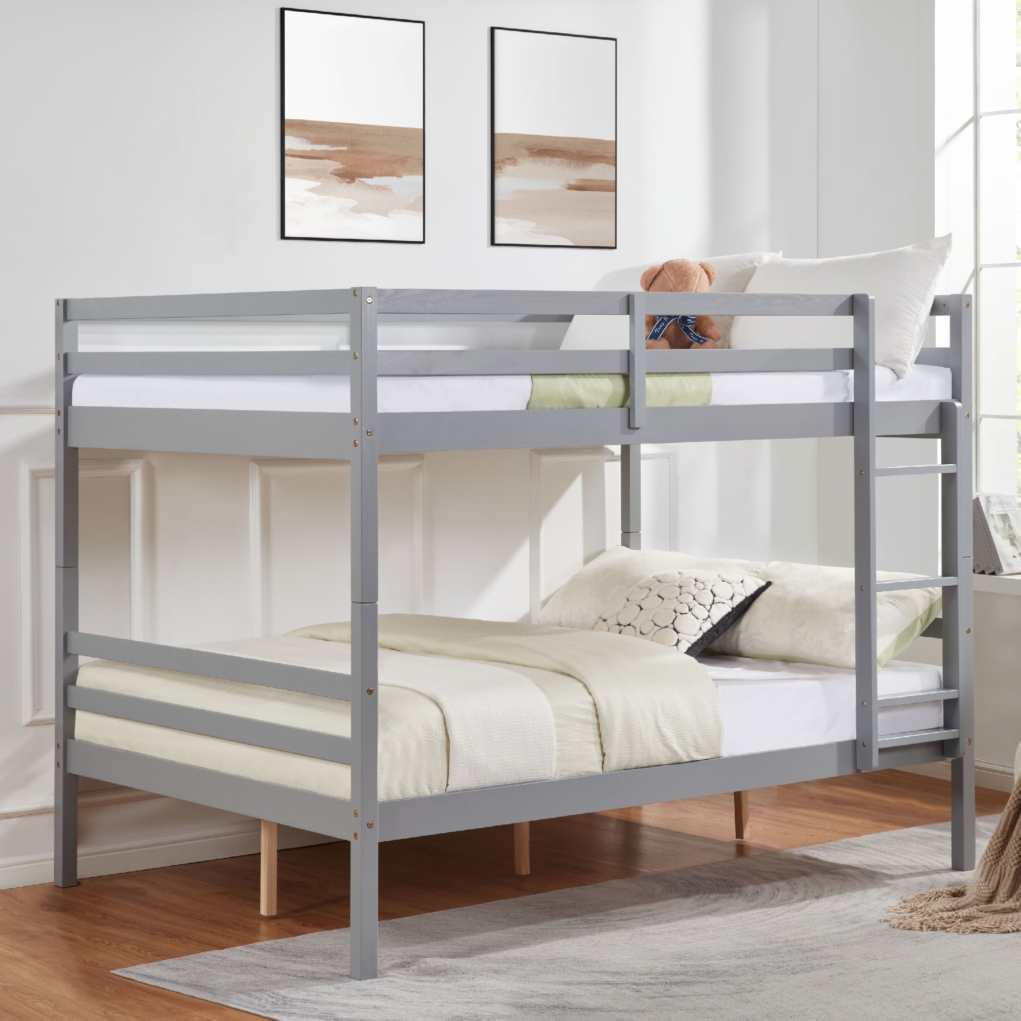 Full over Full Bunk Bed with Ladder,Wooden Bunk Bed with High Guardrail and Ladder for Kids, Teens, Dorm Rooms, and Guest Rooms,No Box Spring Needed,Grey