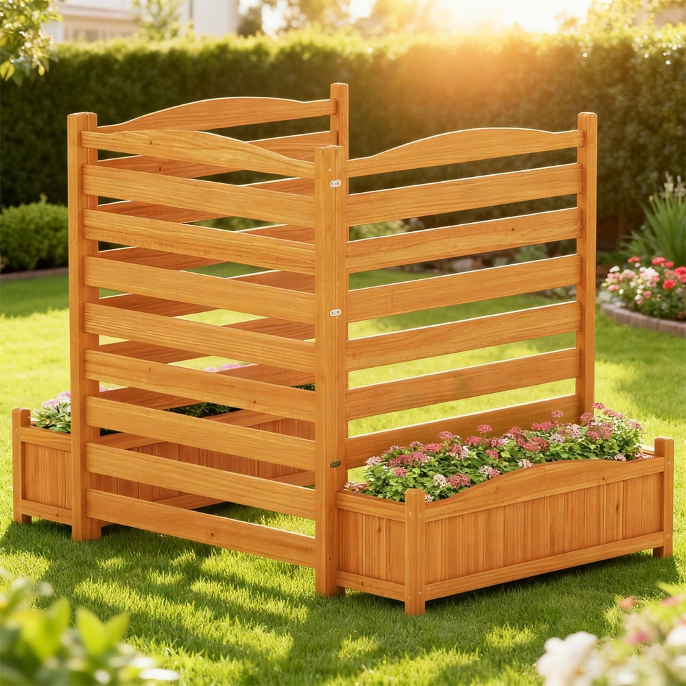 3-Panel Wood Air Conditioner Fence with Planter Box Freestanding Privacy Screen Removable Bottom Planter Box Drainage Holes