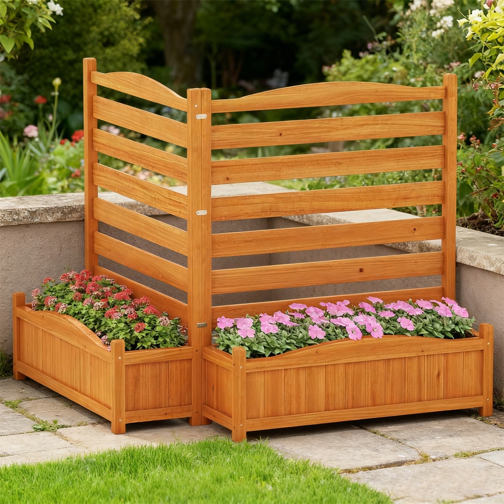 2-Panel Freestanding Outdoor Wood Privacy Screen Natural Fir Wood Planter Box Drainage Holes
