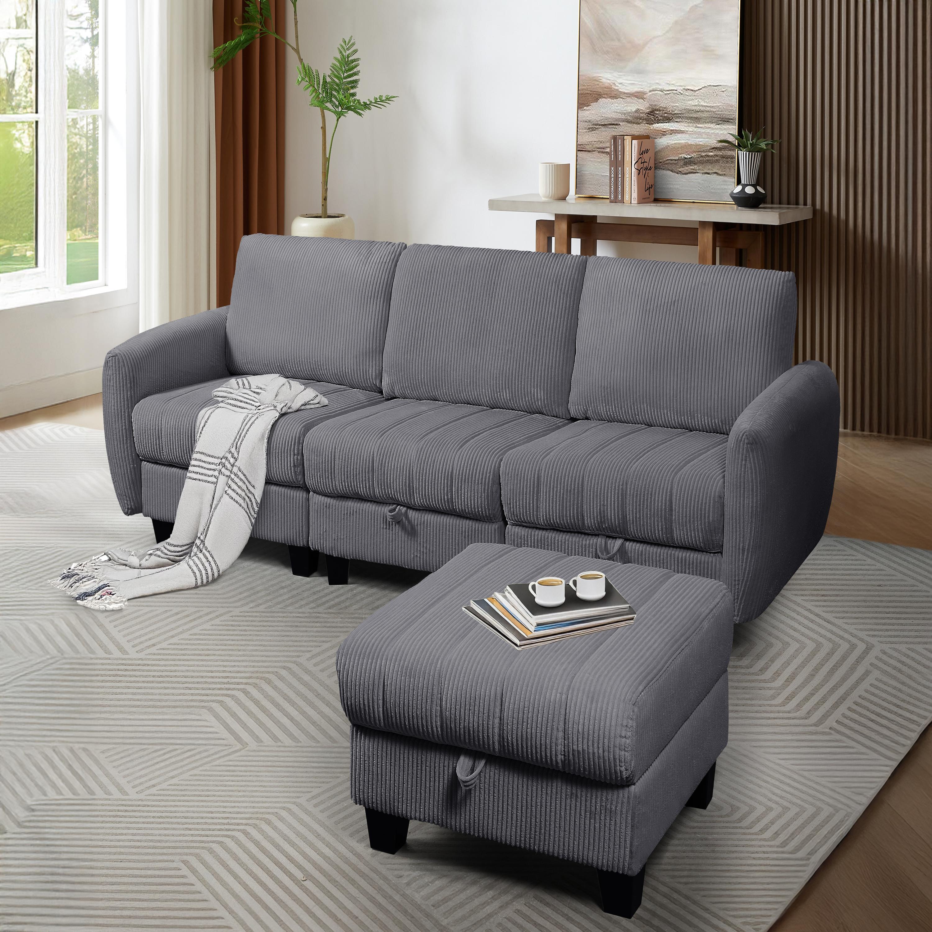Grey Corduroy Fabric Sofa with OTTOMAN