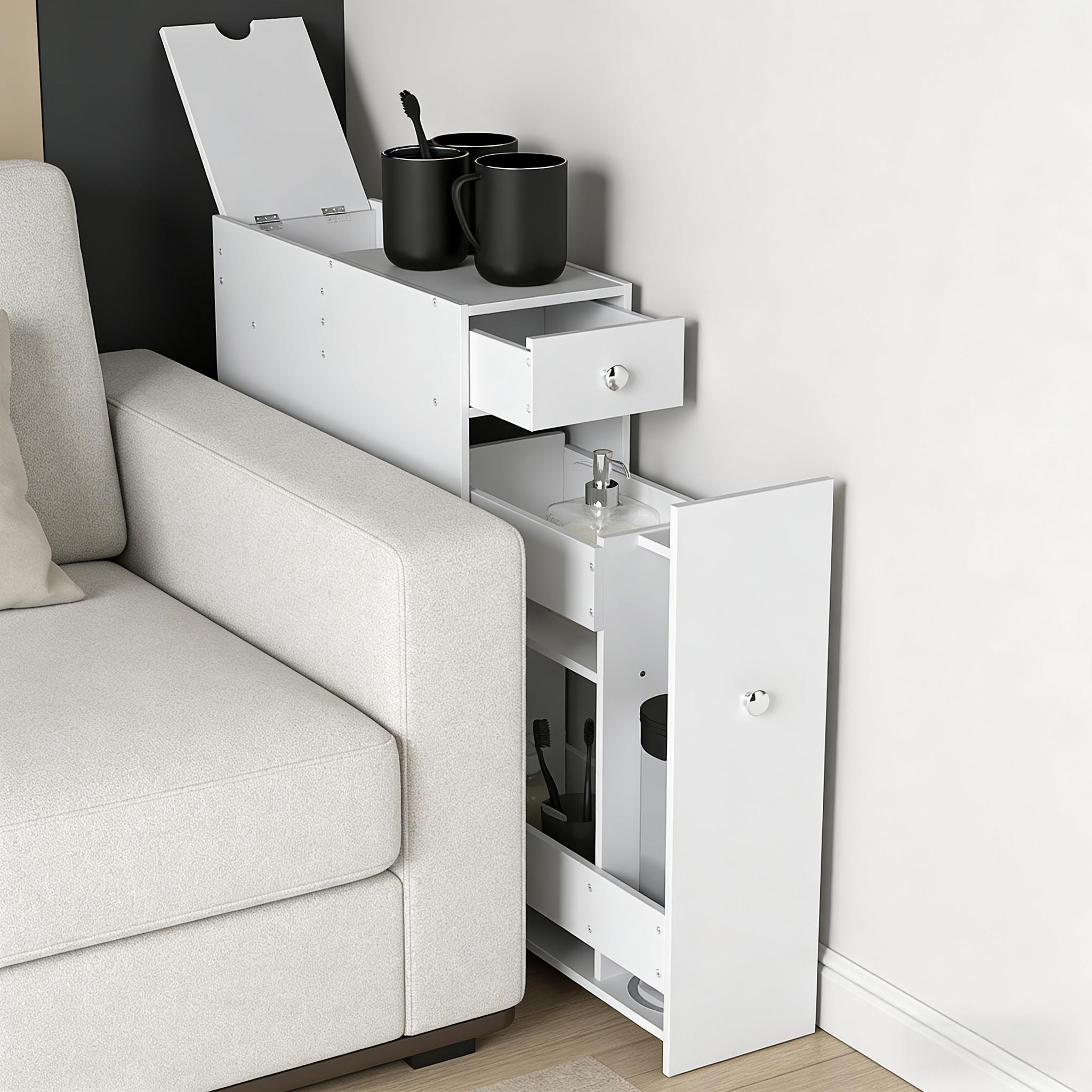 White Narrow Storage Cabinet Bath Toilet Paper Holder with Drawers