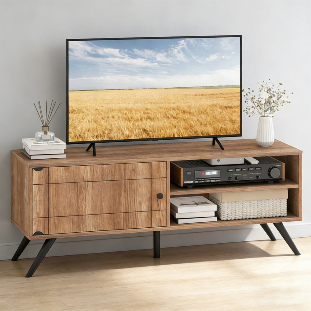 TV Stand for TVs Up To 55 Inch Mid Century Modern Entertainment Center with Storage Cabinet 5 Raised Support Legs Cable Management Hole