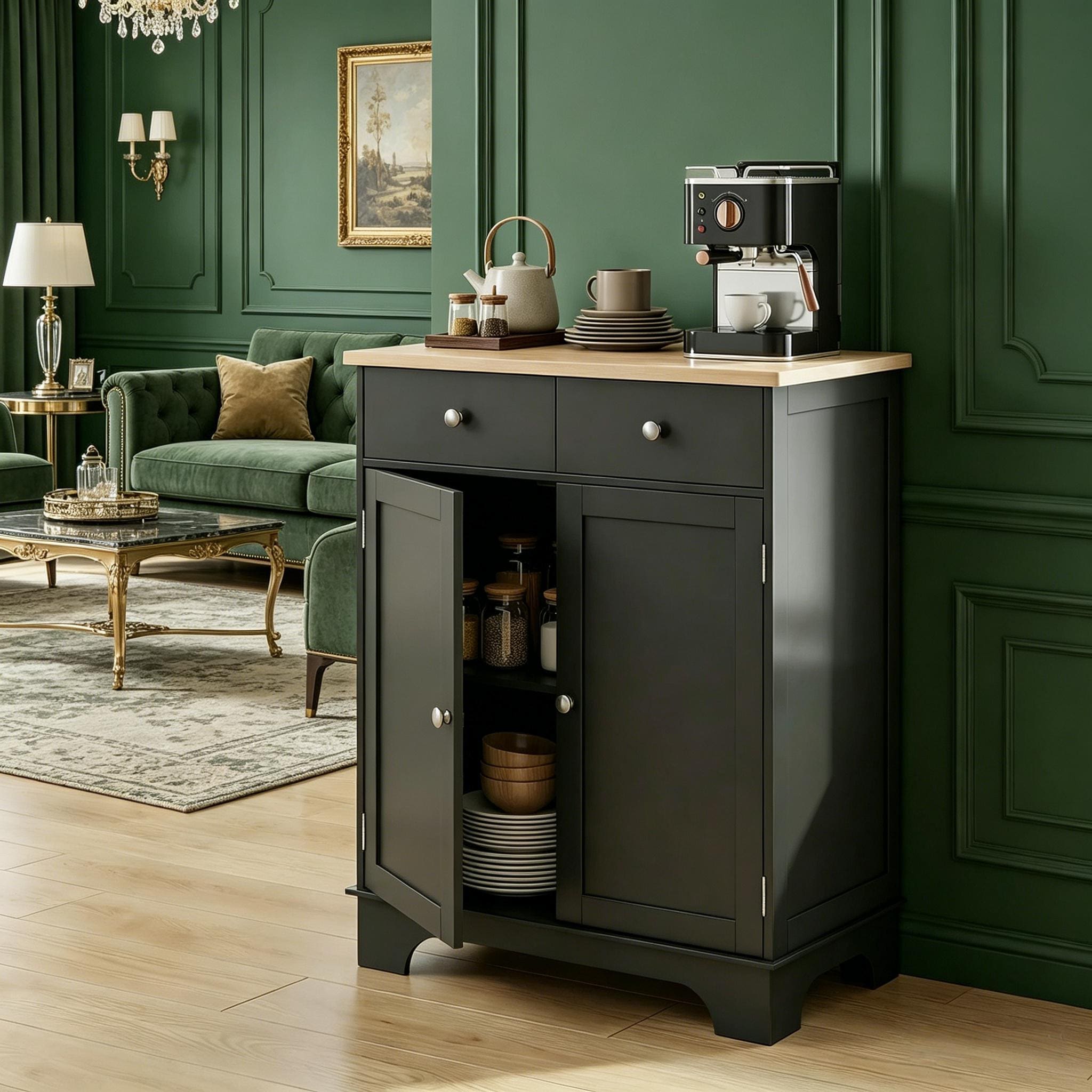 Kitchen Storage Cabinet, Sideboard Floor Cupboard with Solid Wood Top