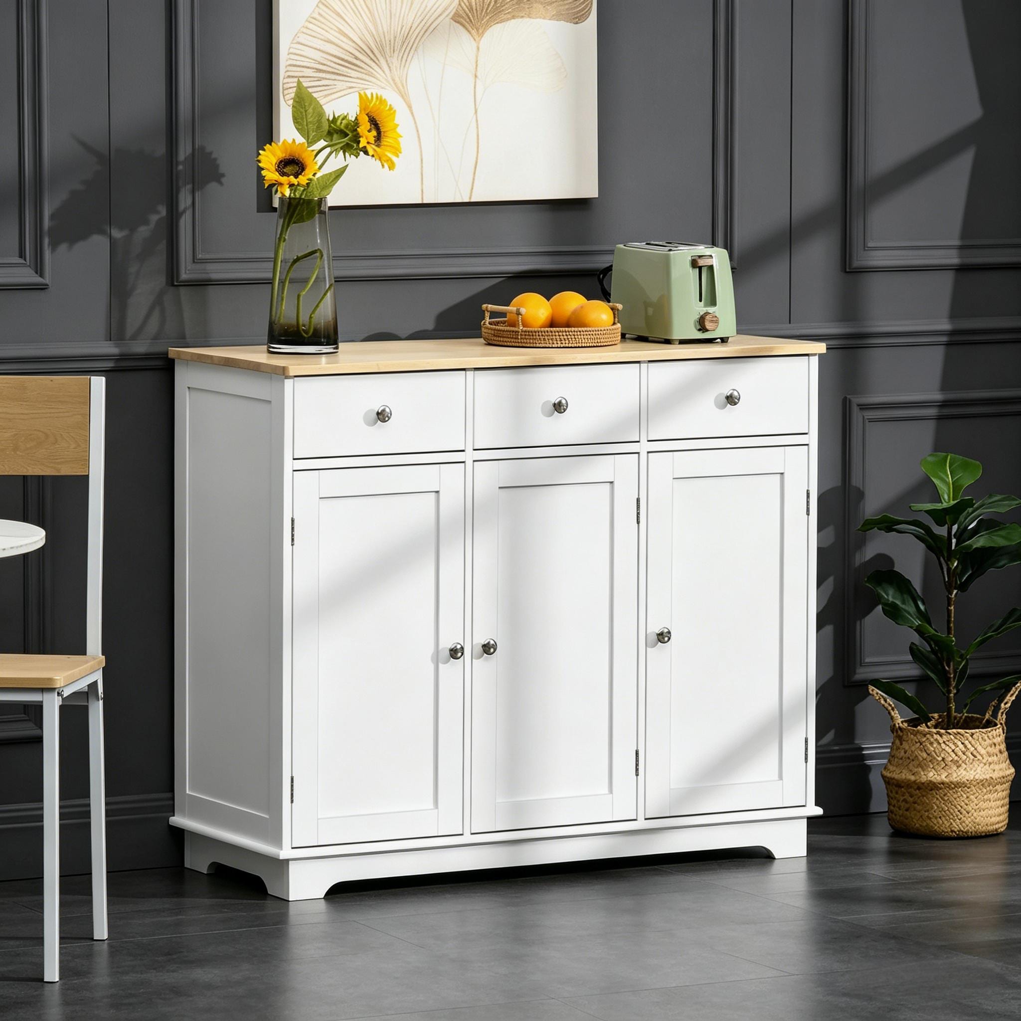 Modern Sideboard with Rubberwood Top, Buffet Cabinet with Storage Cabinets