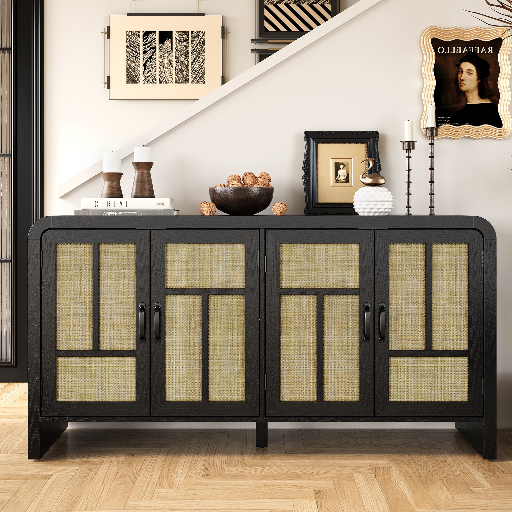 Rattan Sideboard Buffet Cabinet with Storage, 59'' Large Boho Storage Cabinet with 4 Doors and Adjustable Shelves, Black Wood Console Table for Kitchen, Entryway, Dining Room, Living Room