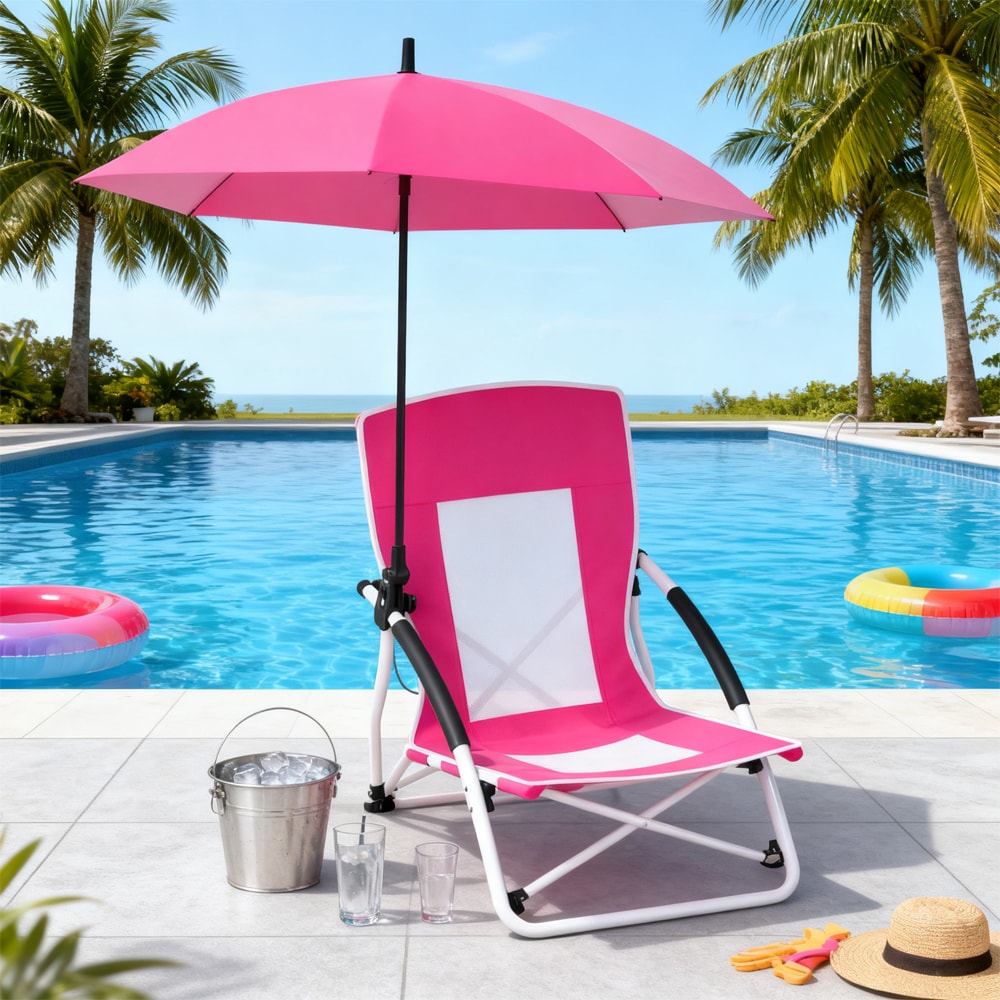 Beach Umbrella Chair for Adults with Adjustable Parasol UPF50+ Sun Tear-proof 600D Oxford Fabric 360° Adjustable Tilt