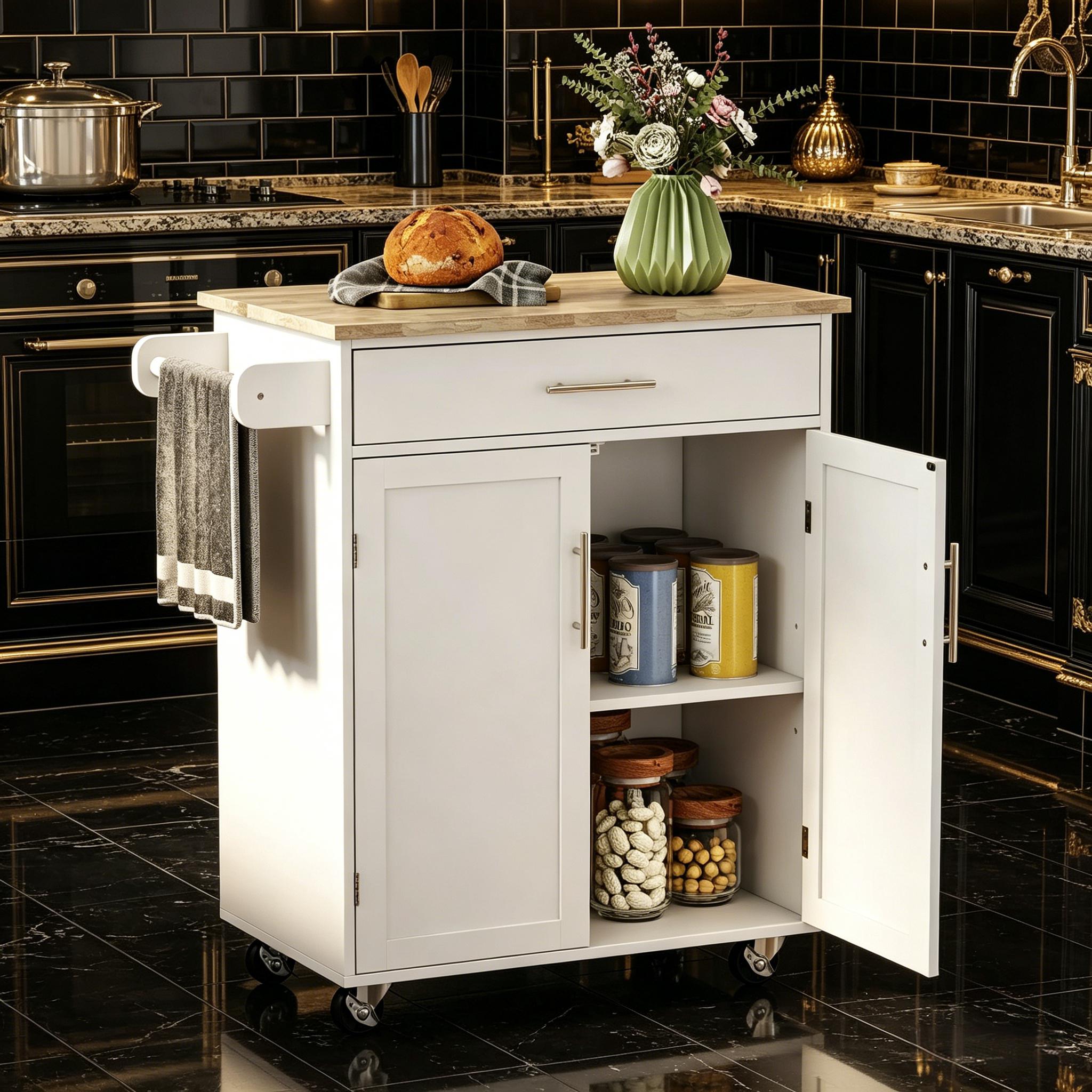 Kitchen Island Cart, Rolling Island Table with Solid Wood Top, Trolley Cart with Drawer